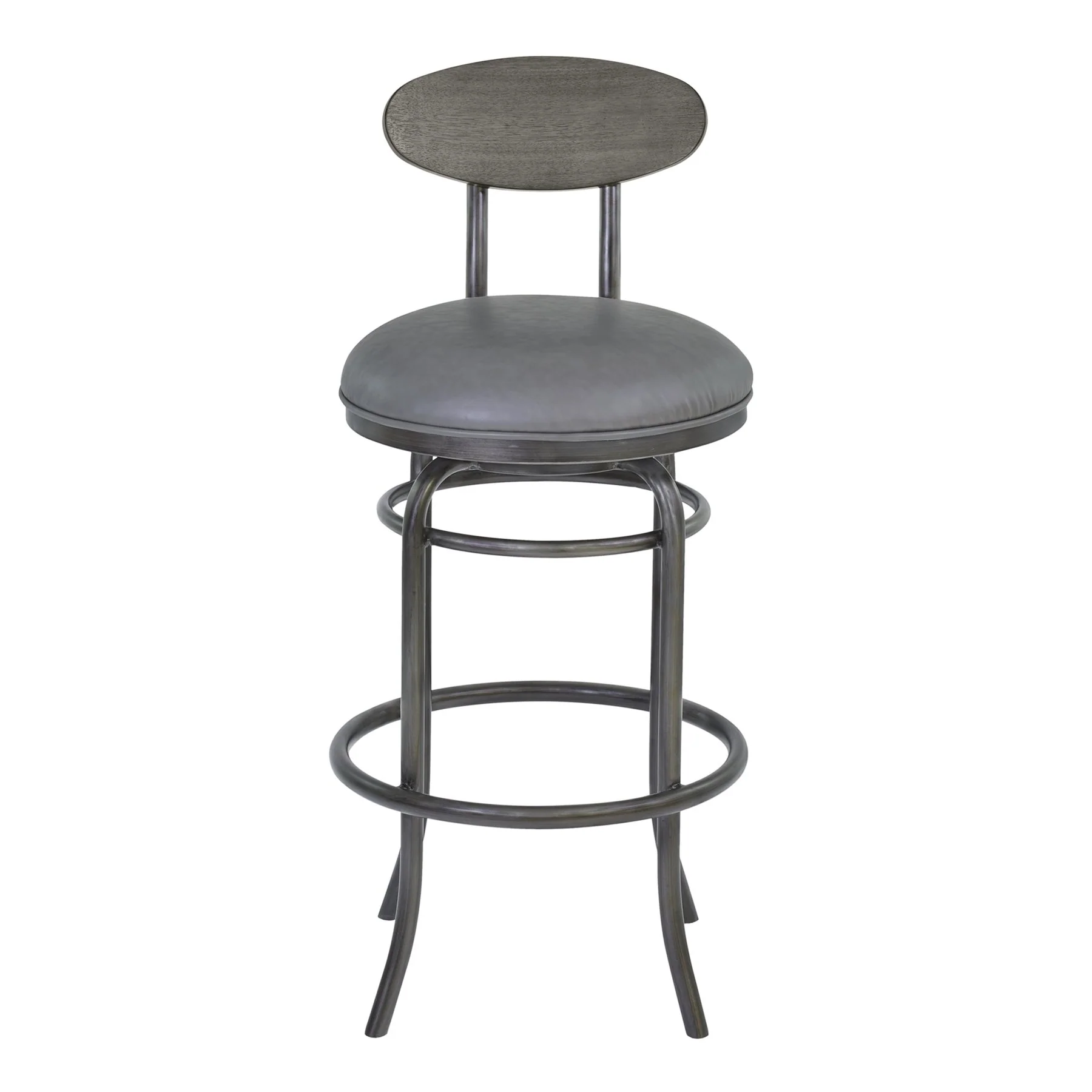 Davis 30" Bar Height Metal Swivel Barstool in Vintage Gray Faux Leather with Mineral Finish and Gray Walnut Wood Back - Image 2