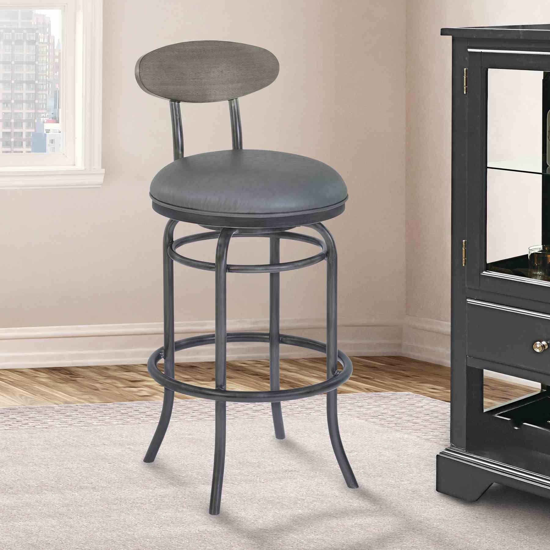 Davis 30" Bar Height Metal Swivel Barstool in Vintage Gray Faux Leather with Mineral Finish and Gray Walnut Wood Back - Image 7