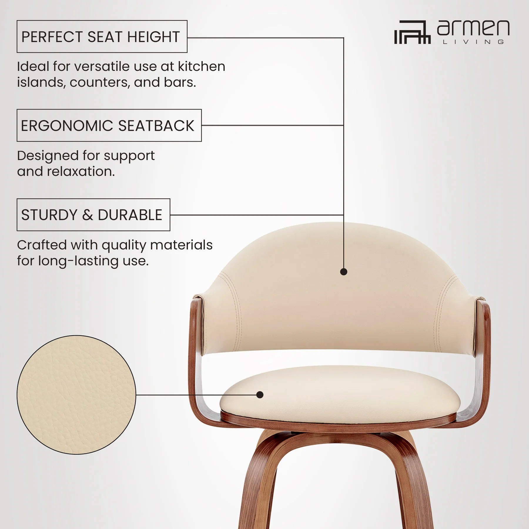 Daxton 26" Cream Faux Leather and Walnut Wood Bar Stool - Image 12