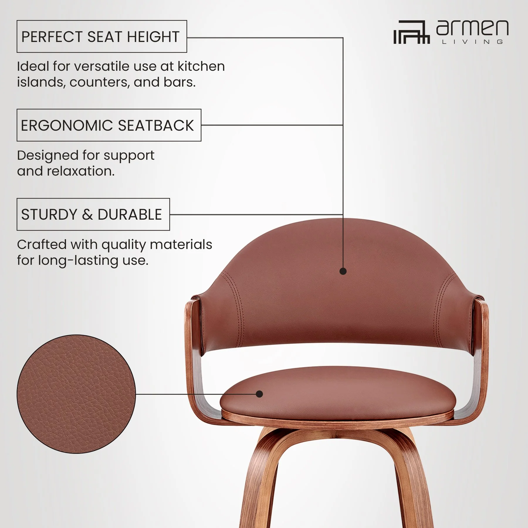 Daxton 30" Brown Faux Leather and Walnut Wood Bar Stool - Image 12