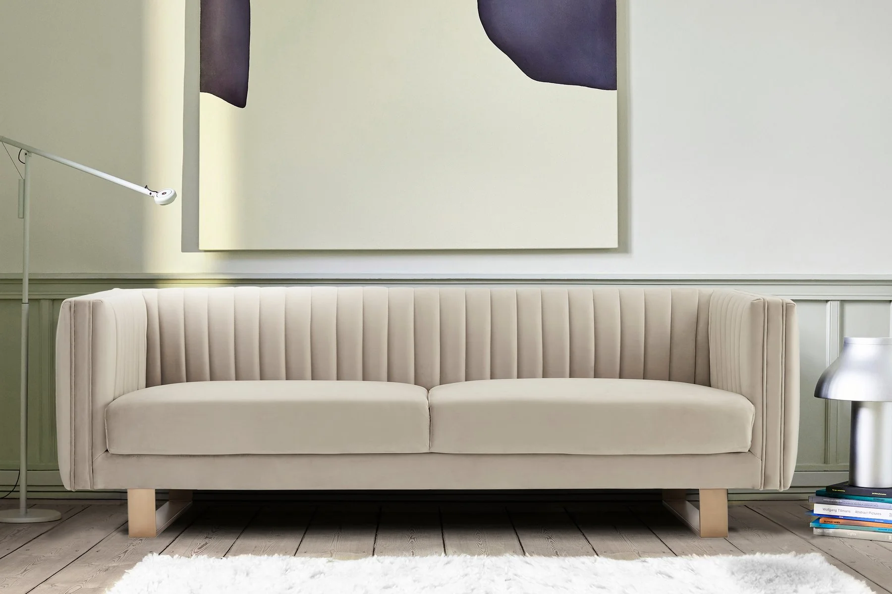 Delilah 86" Beige Velvet Square Arm Sofa with Gold Legs - Image 7