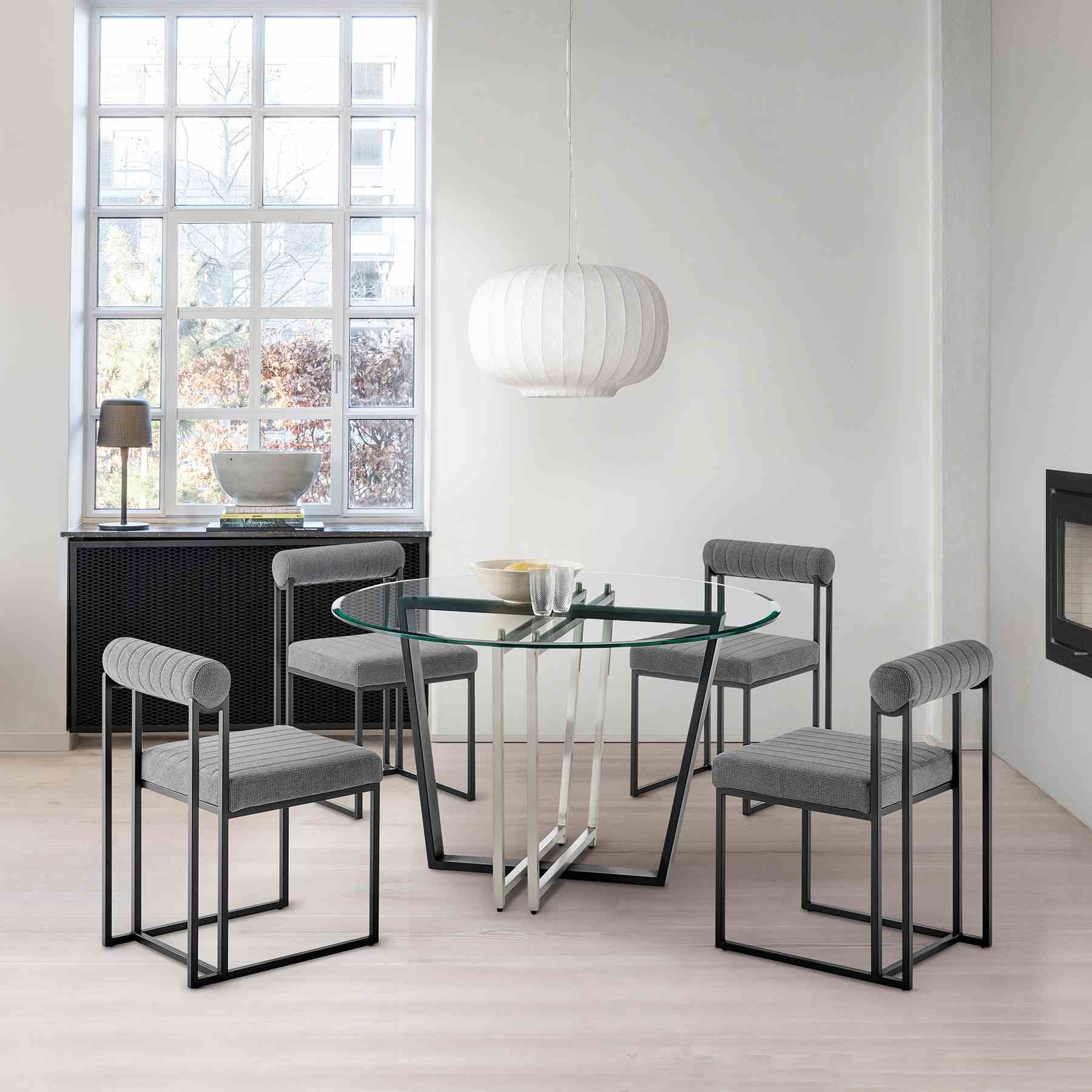Devi 48" Round Dining Table in Brushed Stainless Steel and Black Iron Base with Glass Tabletop - Image 9