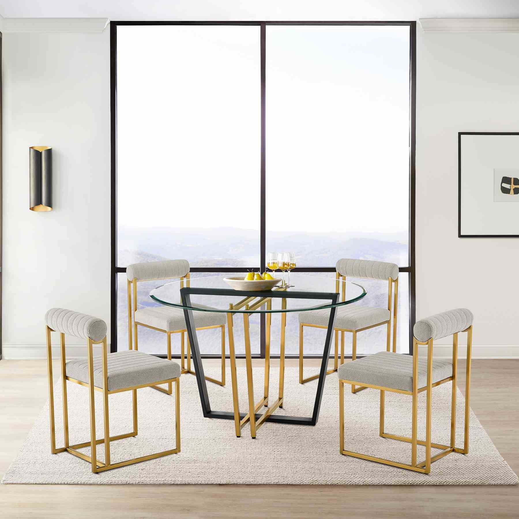 Devi 48" Round Dining Table in Gold Stainless Steel and Black Iron Base with Glass Tabletop - Image 9