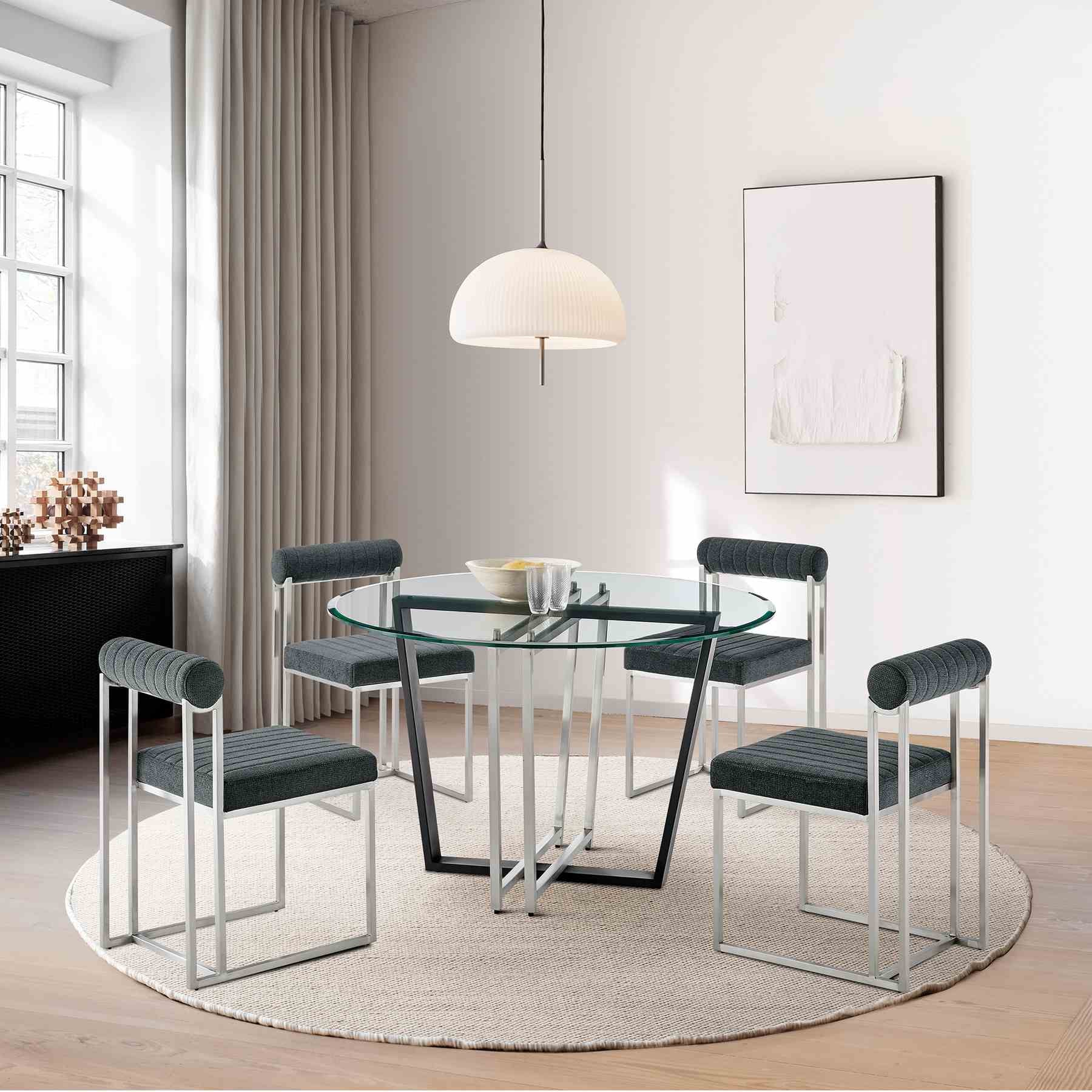 Devi Anastasia 5 Piece Round Glass Dining Table Set with Brushed Stainless Steel and Charcoal Fabric - Image 10