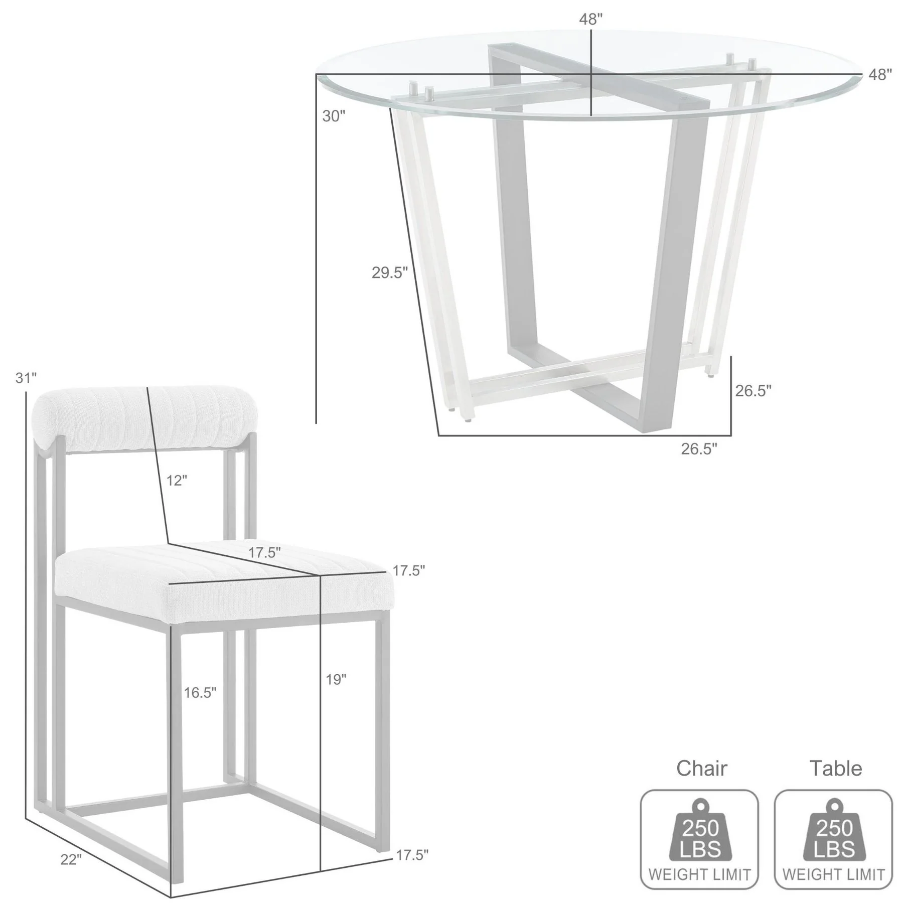 Devi Anastasia 5 Piece Round Glass Dining Table Set with Brushed Stainless Steel and Light Gray Fabric - Image 9