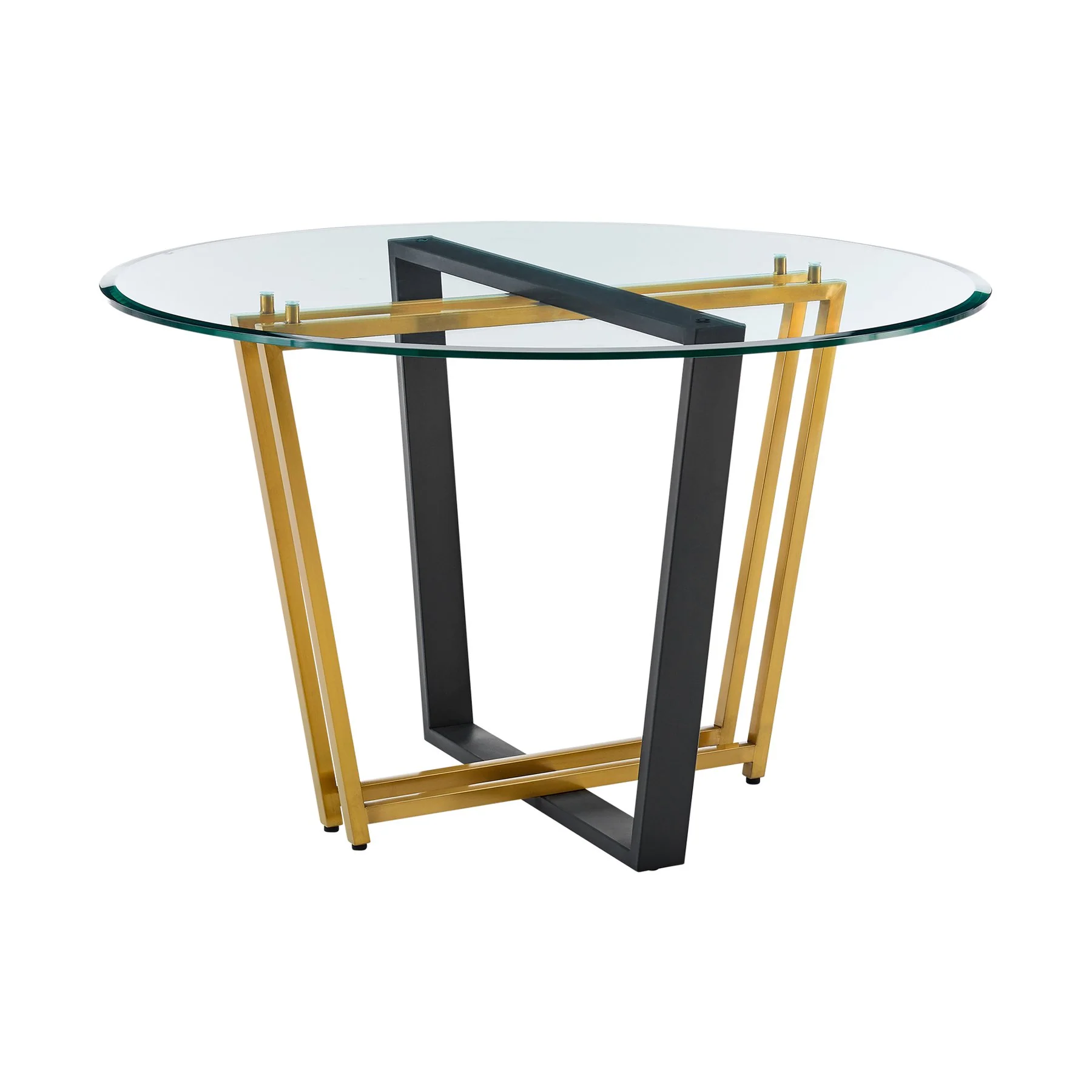 Devi Anastasia 5 Piece Round Glass Dining Table Set with Gold Brushed Stainless Steel and Taupe Fabric - Image 4