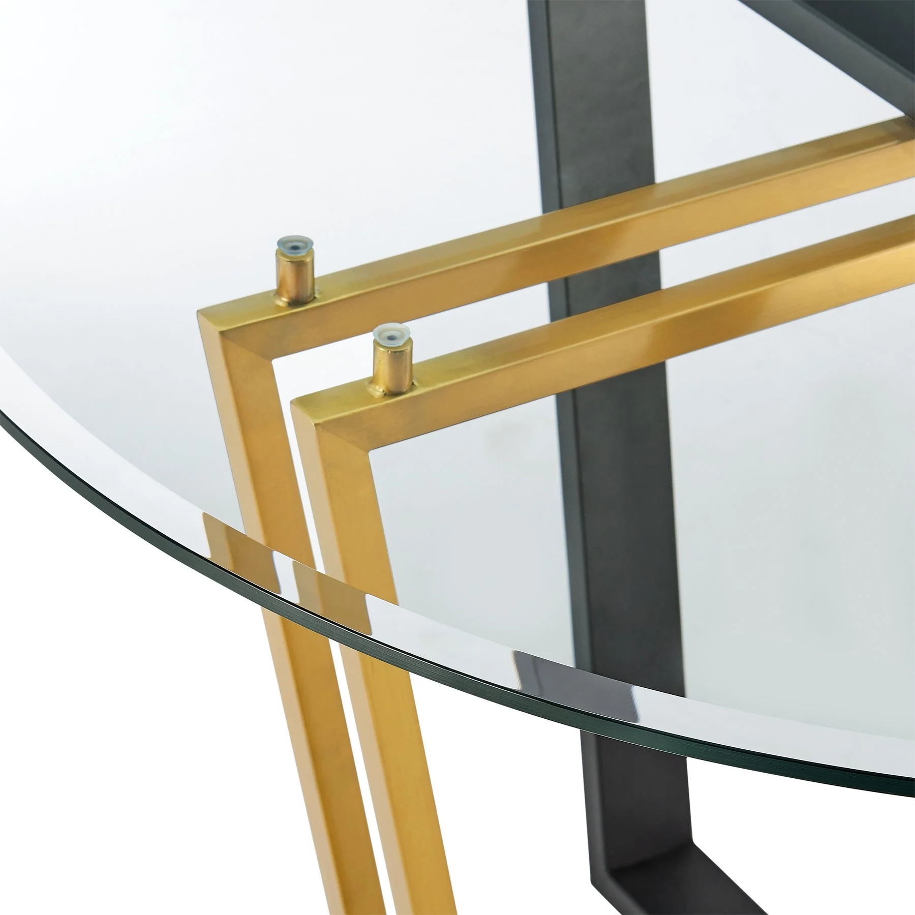 Devi Anastasia 5 Piece Round Glass Dining Table Set with Gold Brushed Stainless Steel and Taupe Fabric - Image 7