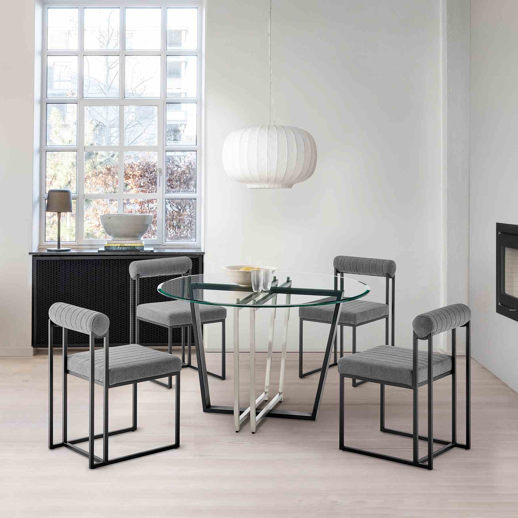 Devi Anastasia 5 Piece Round Glass Dining Table Set with Matte Black Iron and Anchor Gray Fabric - Image 10