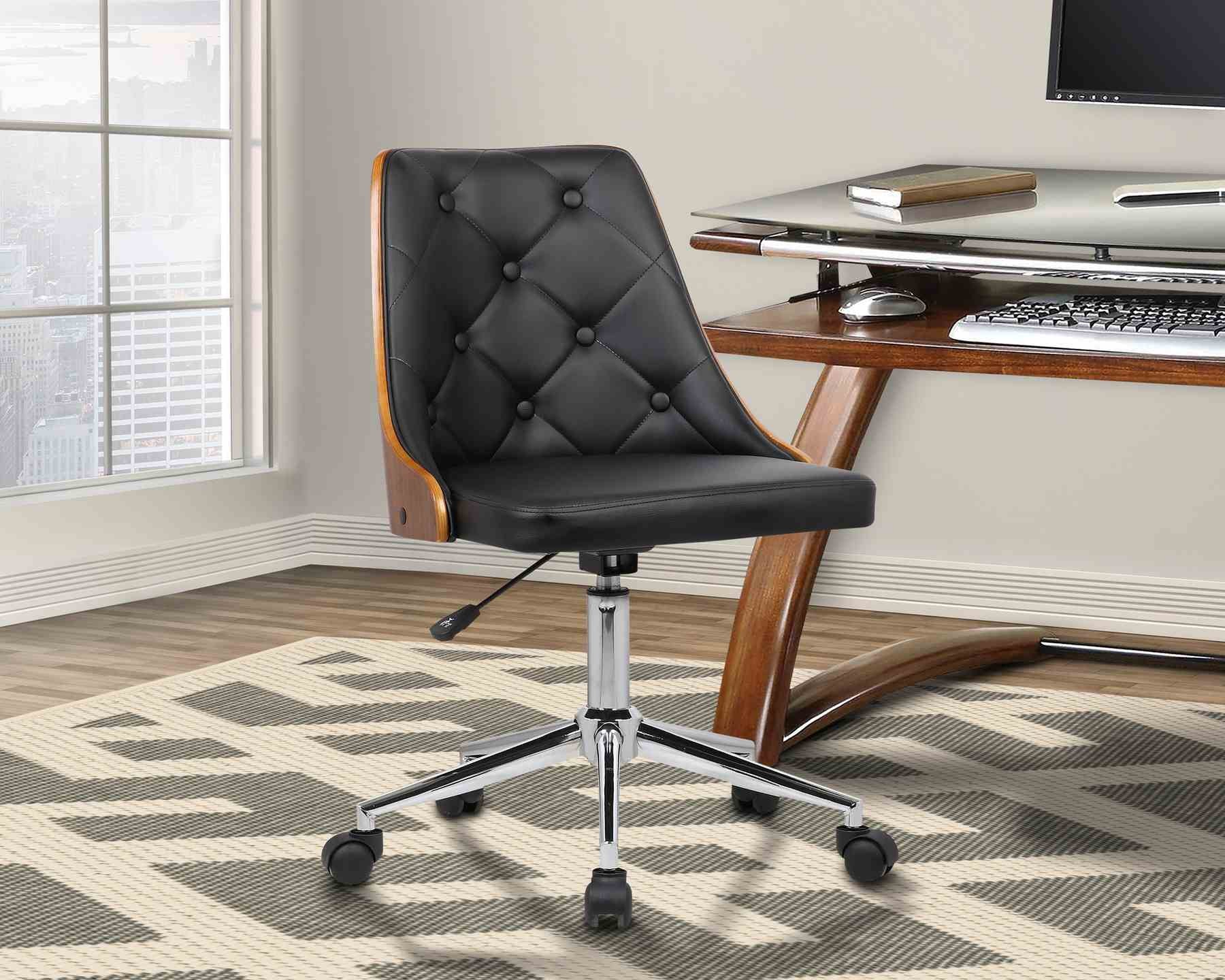 Diamond Mid-Century Office Chair in Chrome finish with Tufted Black Faux Leather and Walnut Veneer Back - Image 8