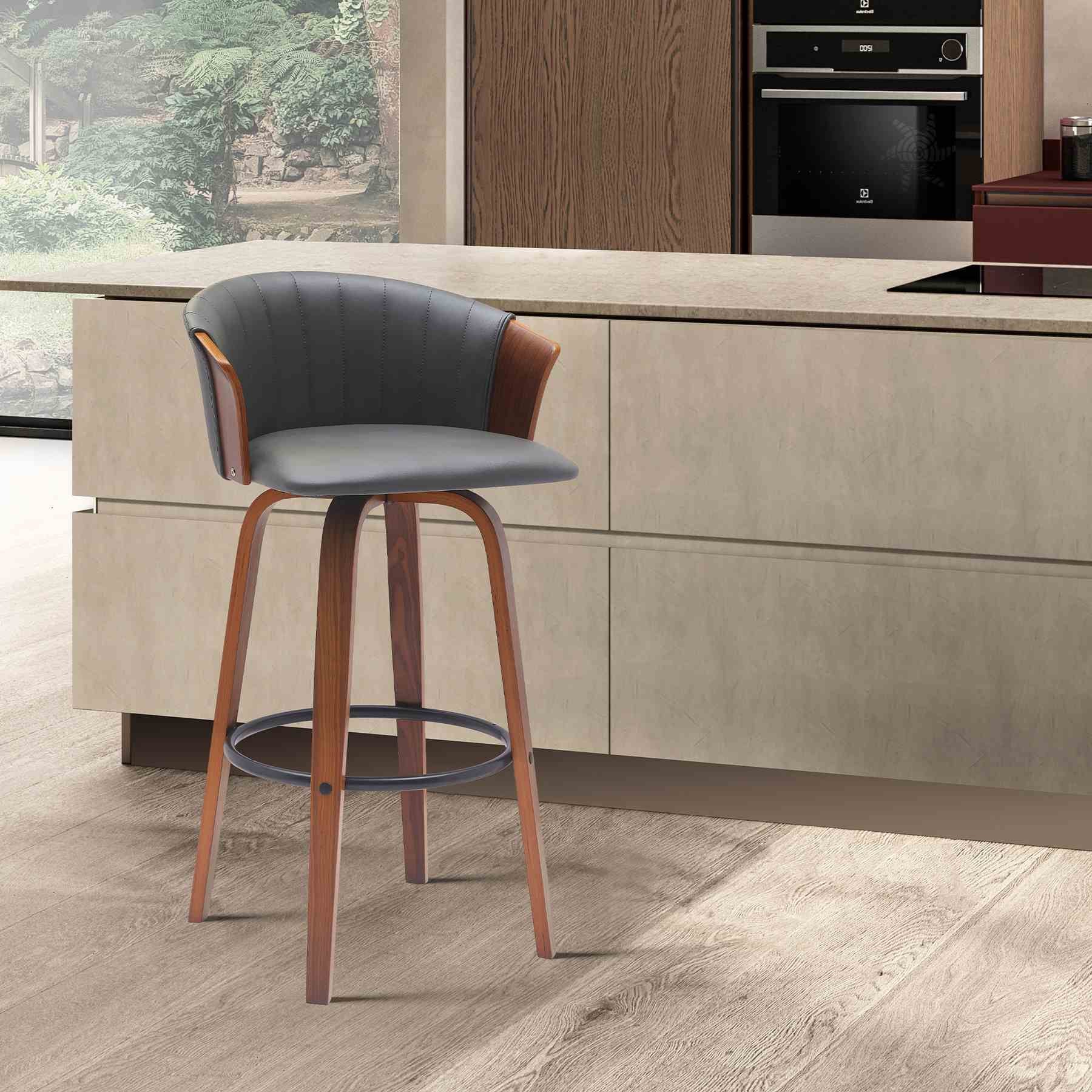 Diana 26" Swivel Walnut Wood Counter Stool in Gray Faux Leather - Image 9