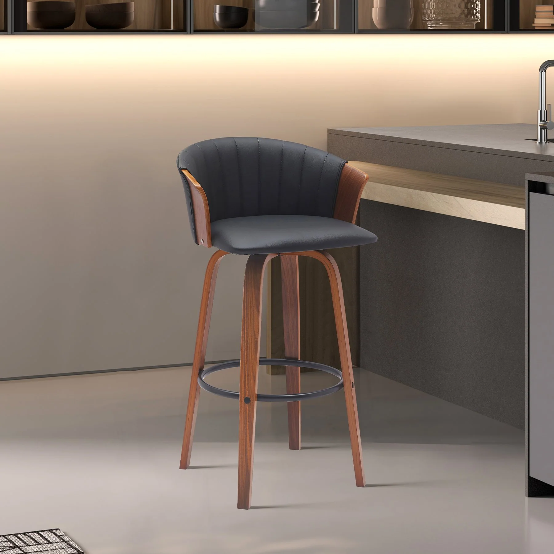 Diana 30" Swivel Walnut Wood Bar Stool in Black Faux Leather - Image 9