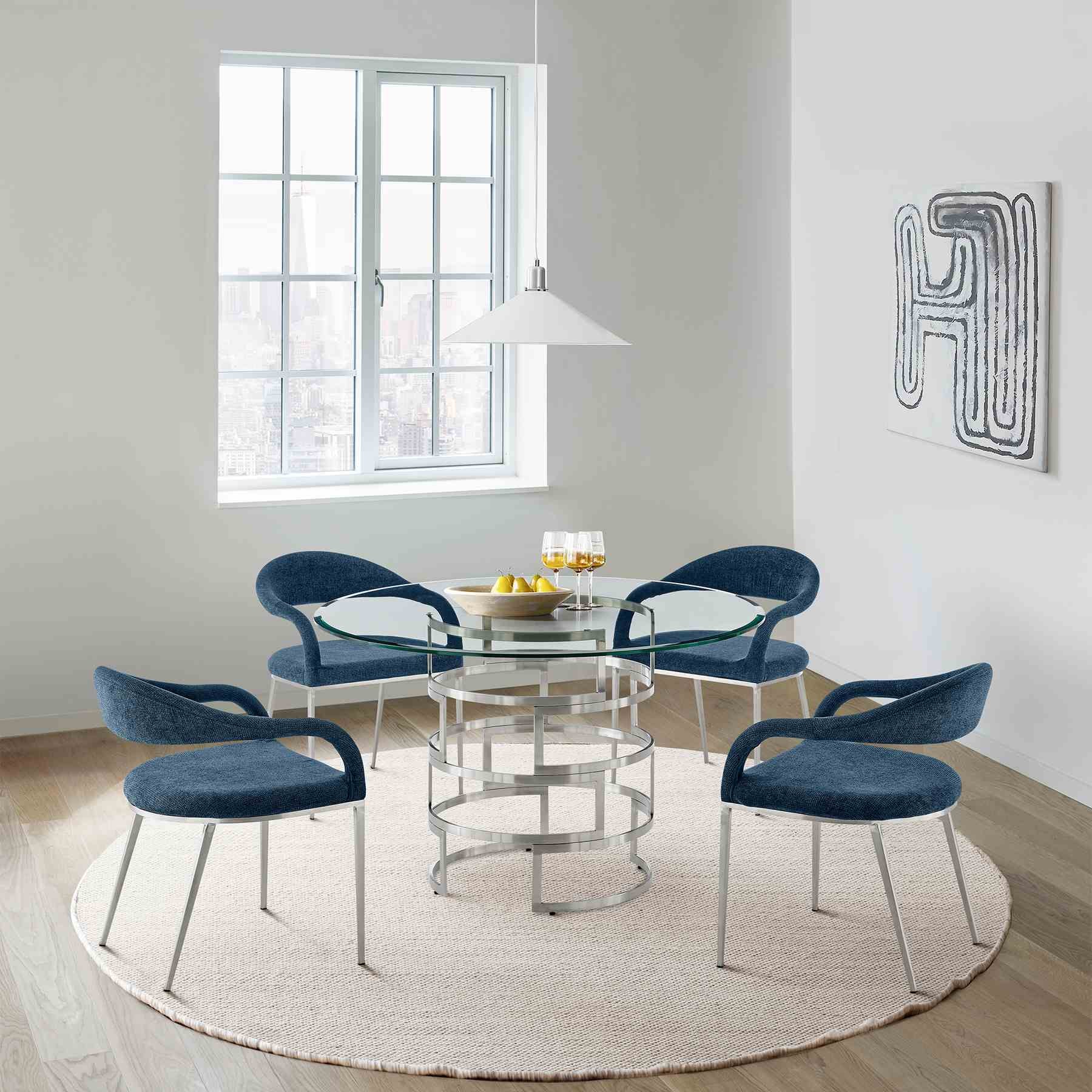 Diaz Morgan 5 Piece Round Glass Dining Table Set with Brushed Stainless Steel and Blue Fabric - Image 10