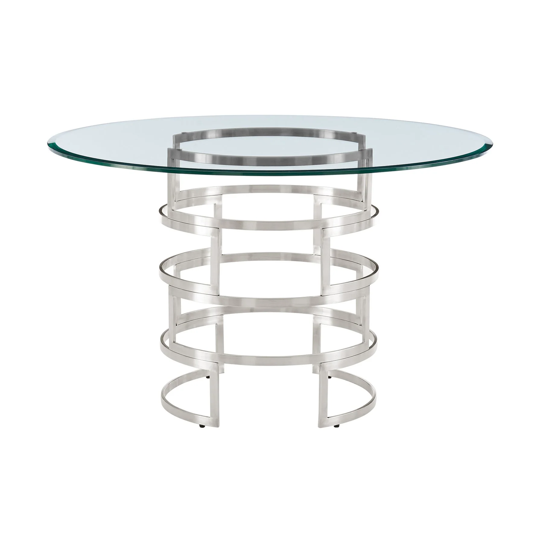 Diaz Morgan 5 Piece Round Glass Dining Table Set with Brushed Stainless Steel and Blue Fabric - Image 4