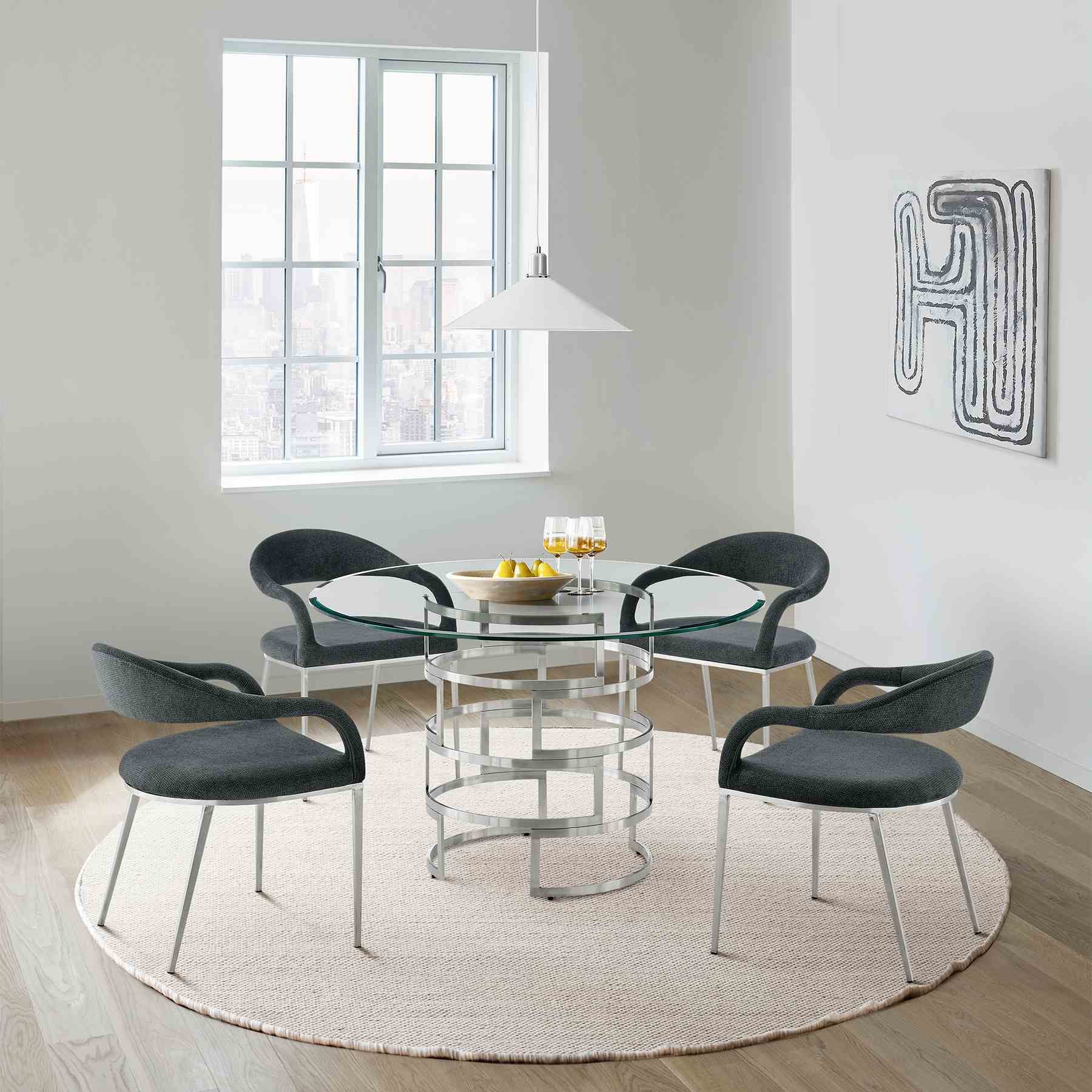 Diaz Morgan 5 Piece Round Glass Dining Table Set with Brushed Stainless Steel and Charcoal Fabric - Image 10