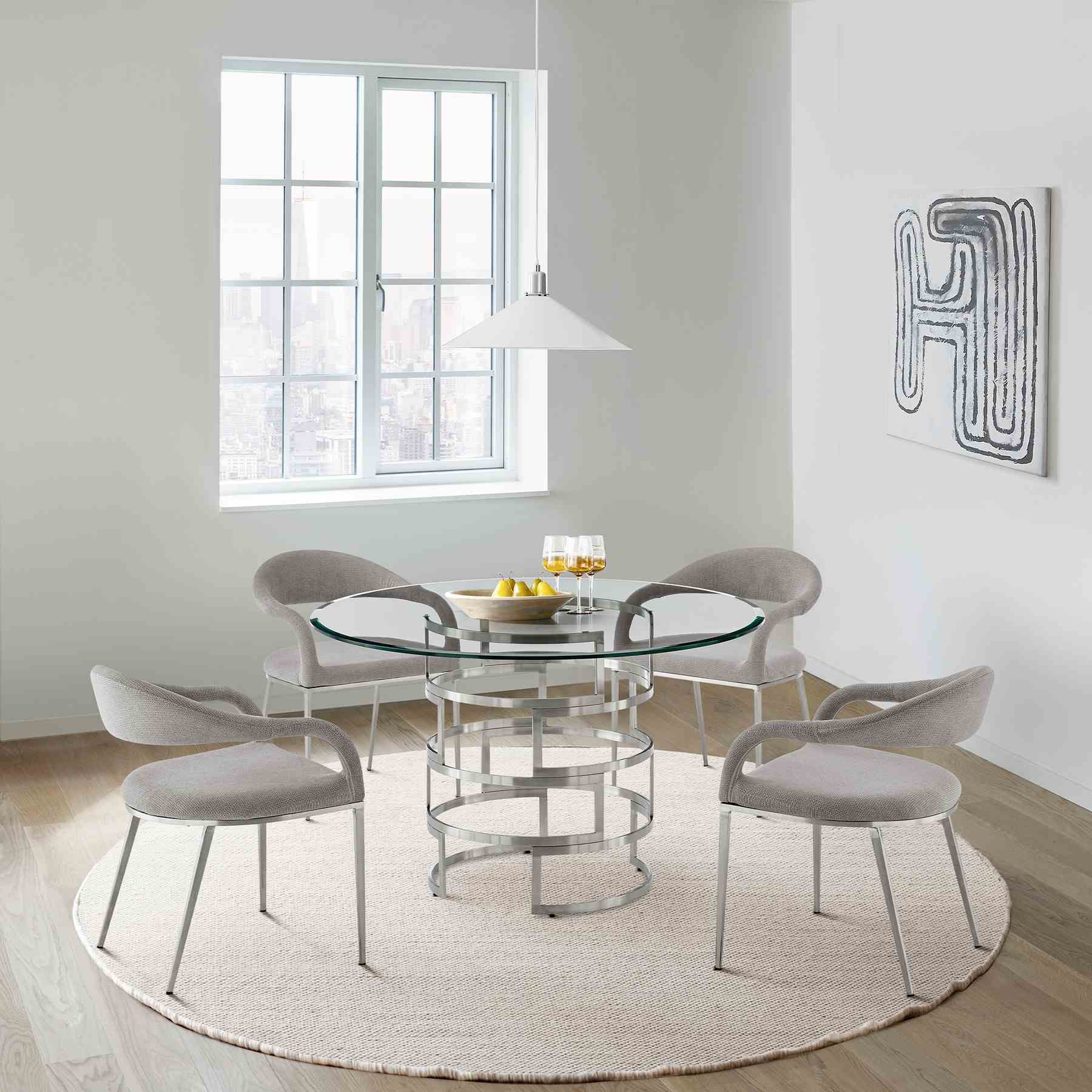 Diaz Morgan 5 Piece Round Glass Dining Table Set with Brushed Stainless Steel and Light Gray Fabric - Image 10