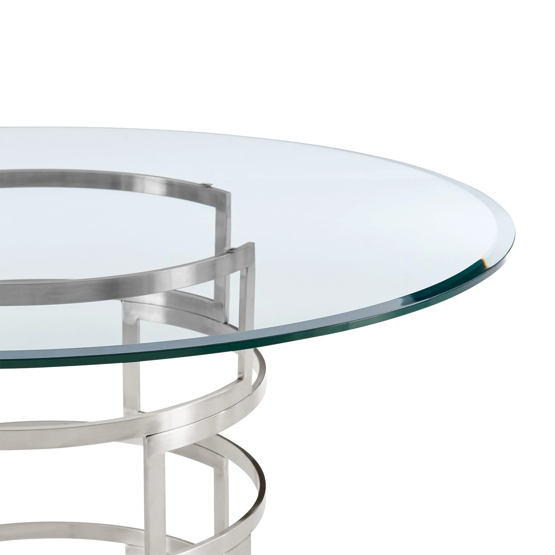 Diaz Morgan 5 Piece Round Glass Dining Table Set with Brushed Stainless Steel and Light Gray Fabric - Image 7