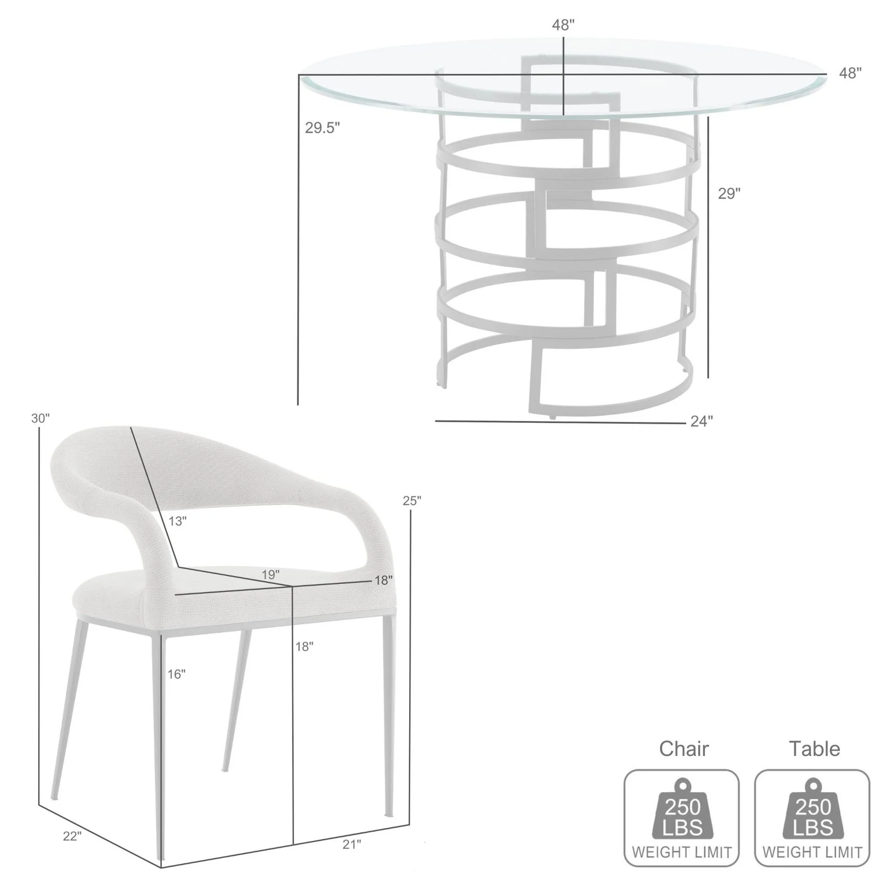 Diaz Morgan 5 Piece Round Glass Dining Table Set with Brushed Stainless Steel and Light Gray Fabric - Image 9