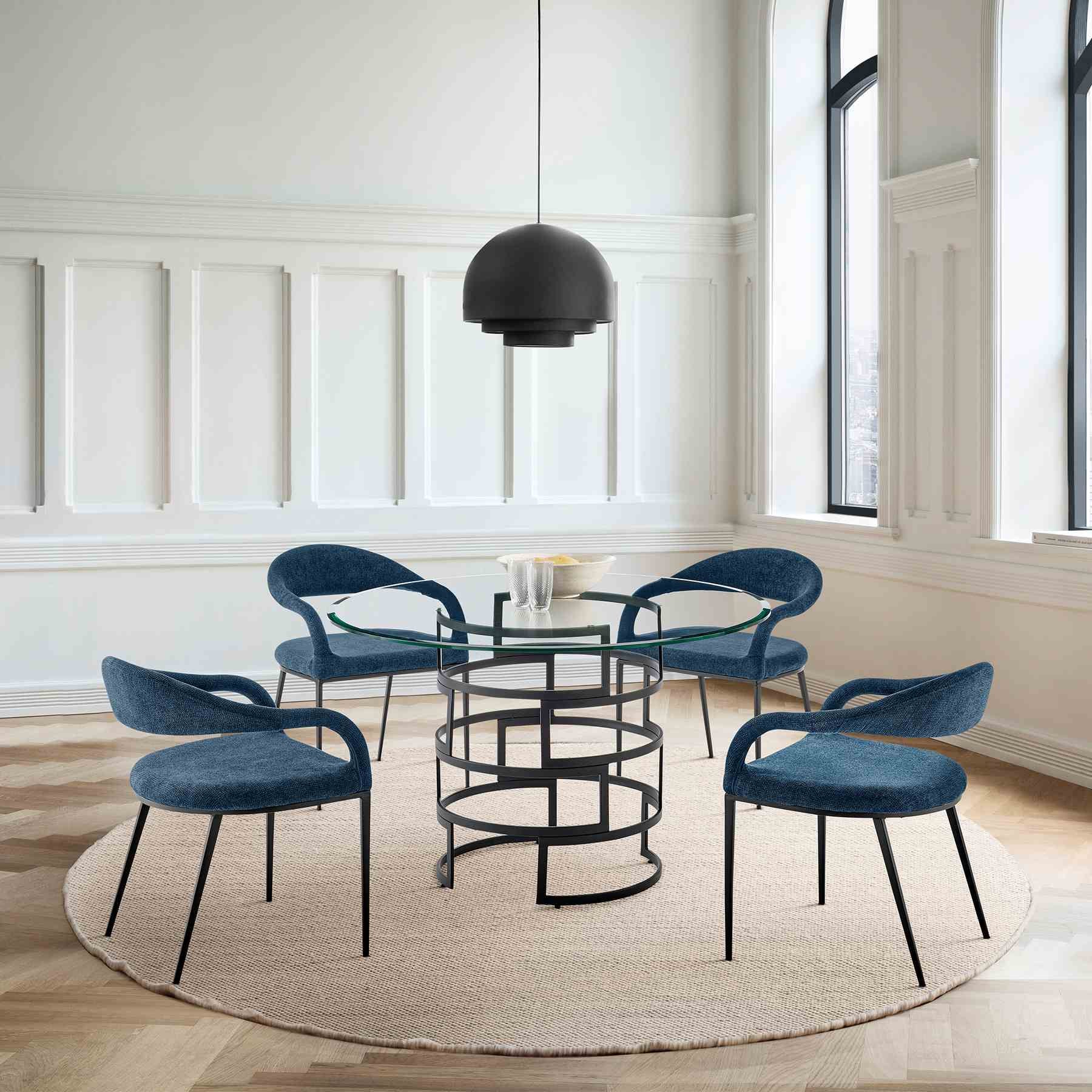 Diaz Morgan 5 Piece Round Glass Dining Table Set with Matte Black Iron and Blue Fabric - Image 10