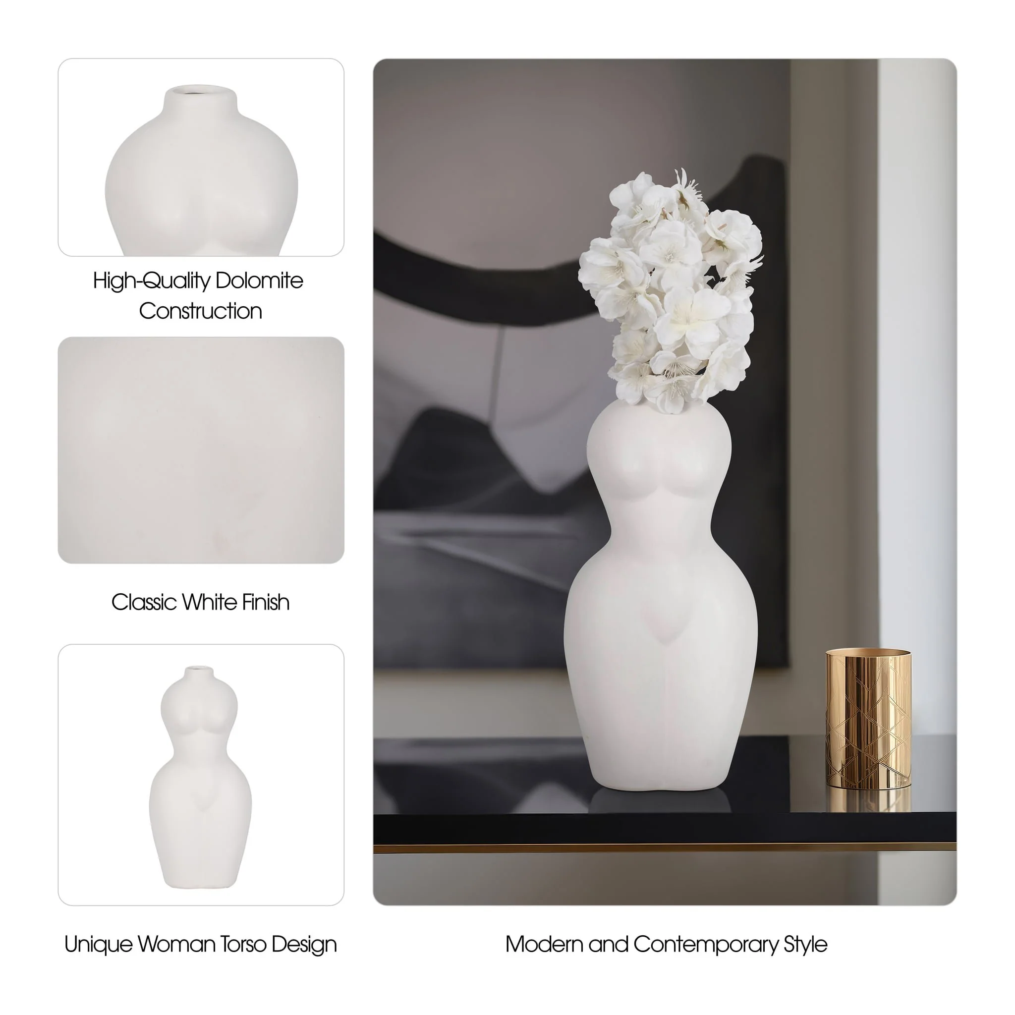 Dol, 12"h Torso Vase, White - Image 10