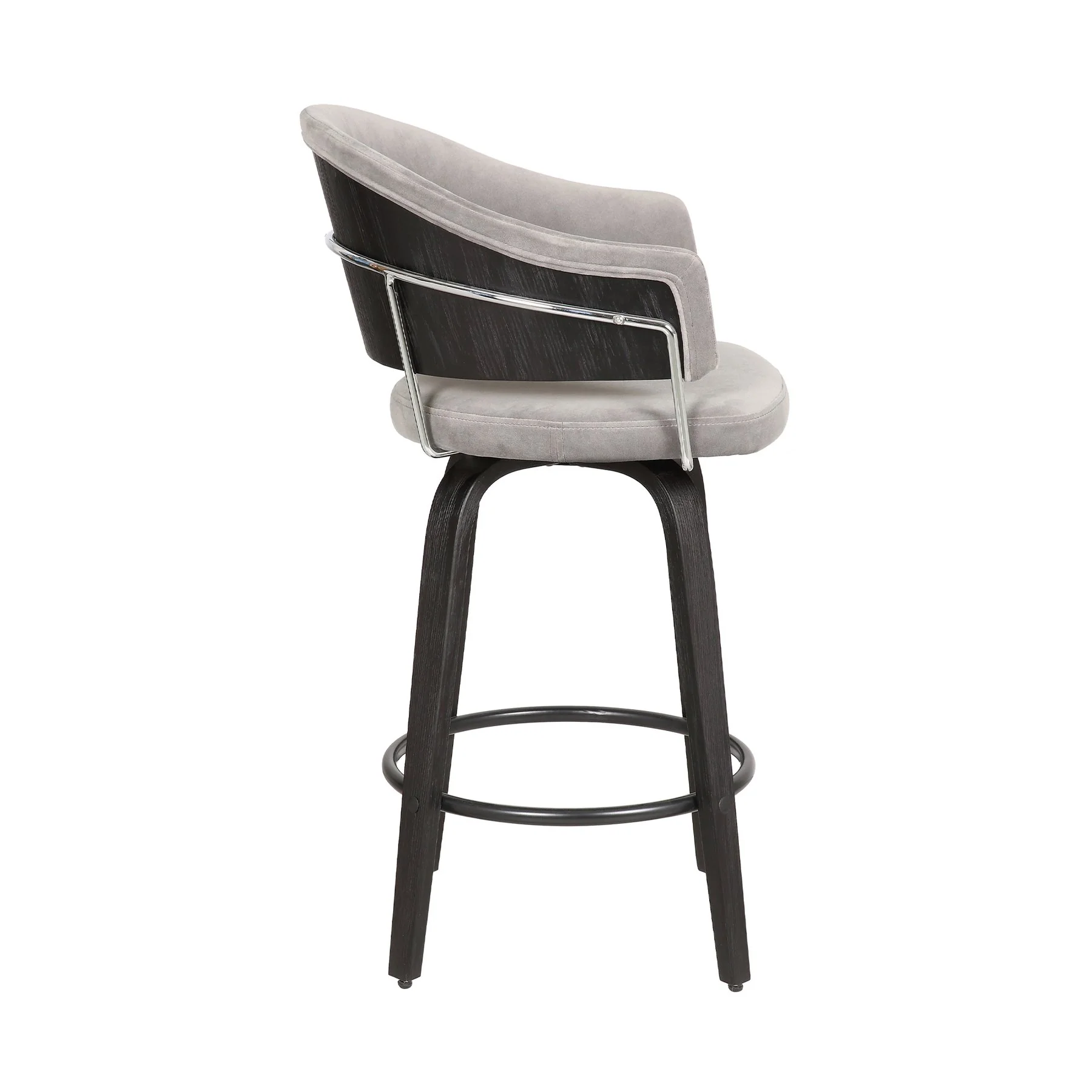 Doral 26" Light Gray Velvet Barstool in Black Powder Coated Finish with Chrome and Black Brushed Wood - Image 3