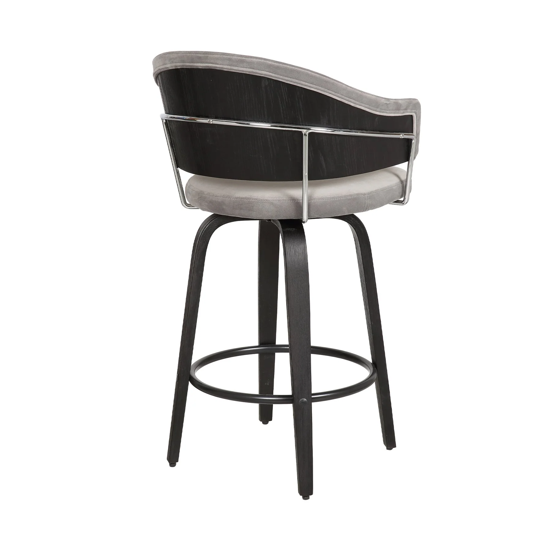 Doral 26" Light Gray Velvet Barstool in Black Powder Coated Finish with Chrome and Black Brushed Wood - Image 4
