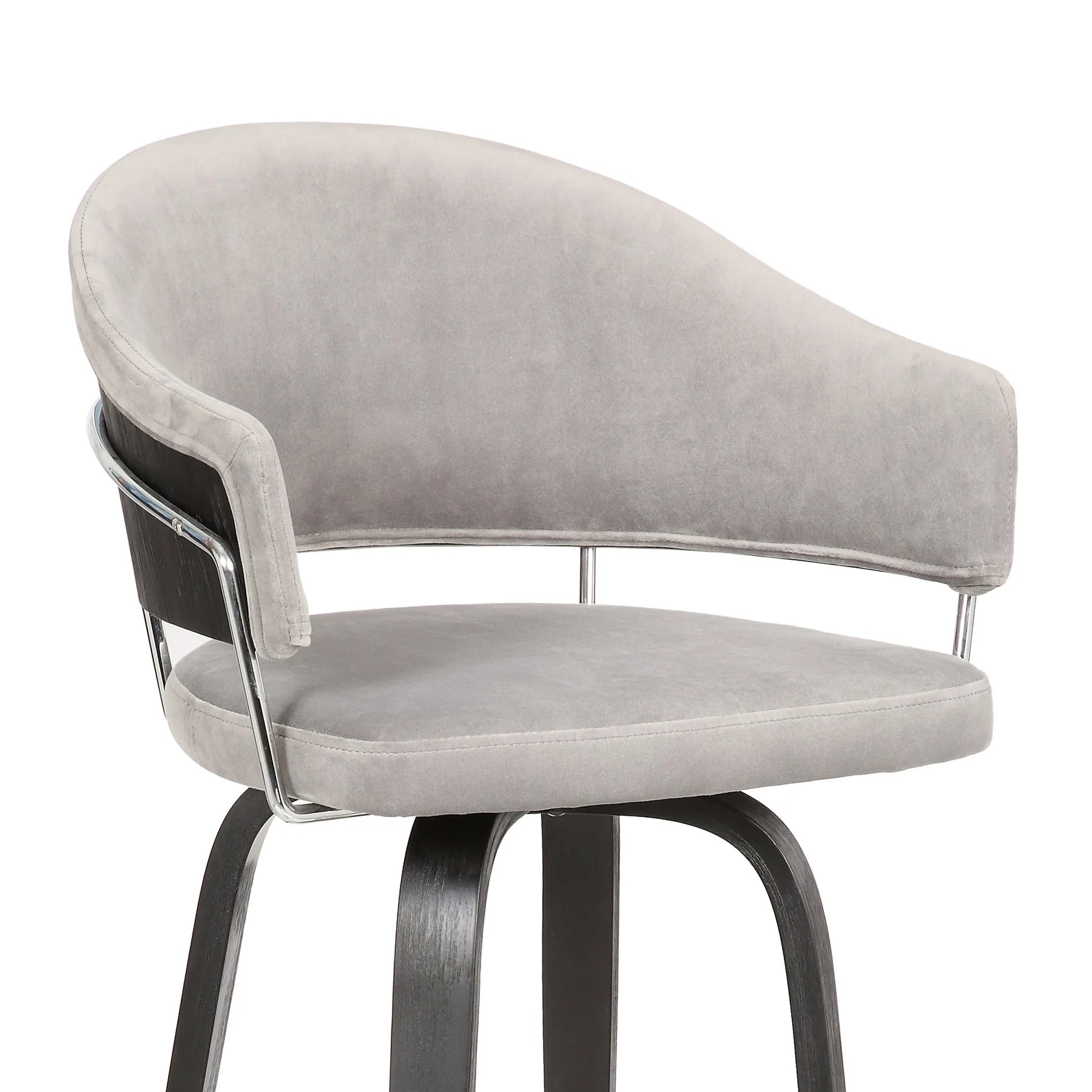 Doral 26" Light Gray Velvet Barstool in Black Powder Coated Finish with Chrome and Black Brushed Wood - Image 6