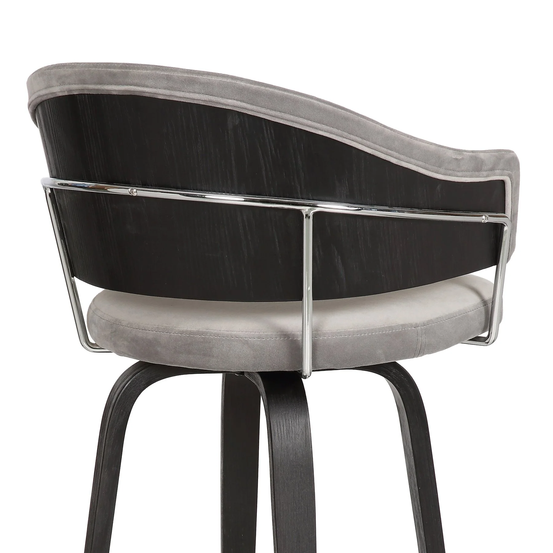 Doral 26" Light Gray Velvet Barstool in Black Powder Coated Finish with Chrome and Black Brushed Wood - Image 7