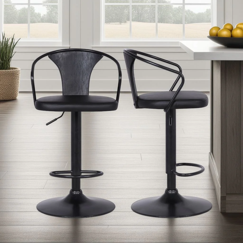 Eagle Adjustable Height Swivel Black Faux Leather and Black Wood Bar Stool with Black Metal Base - Image 7