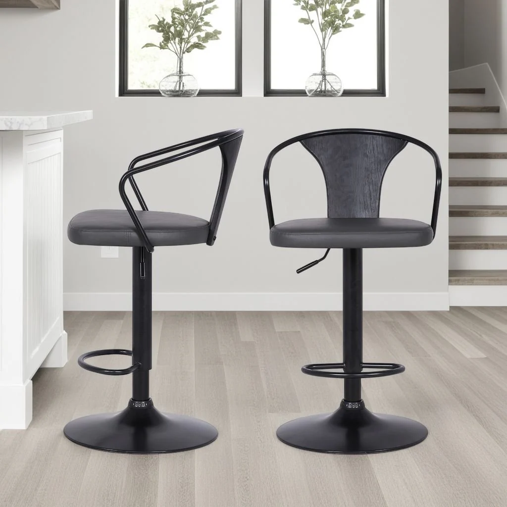 Eagle Adjustable Height Swivel Gray Faux Leather and Black Wood Bar Stool with Black Metal Base - Image 6