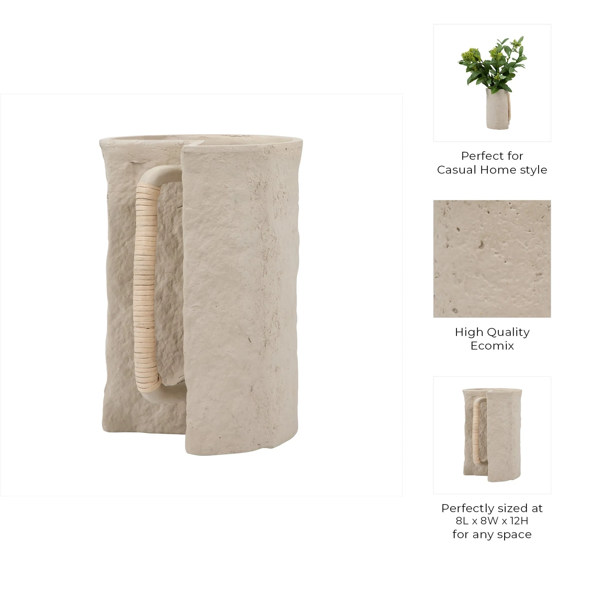 Ecomix, 12" Crafted Vase W Handle, Ivory - Image 10