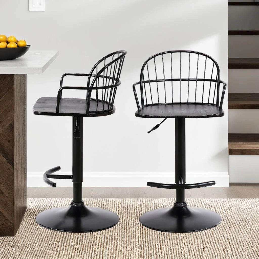 Edward Adjustable Black Wood and Metal Barstool - Image 7