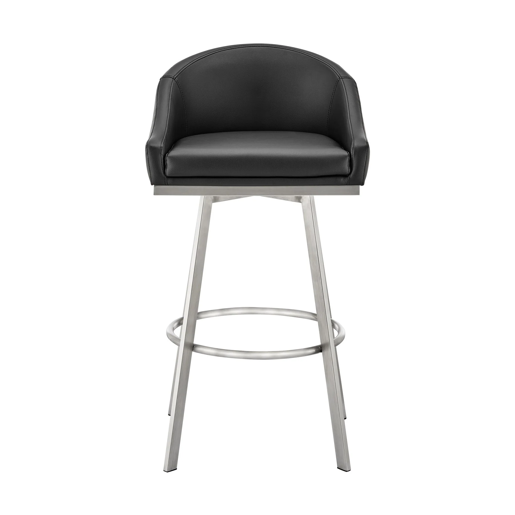Eleanor 26" Swivel Counter Stool in Brushed Stainless Steel and Black Faux Leather - Image 2