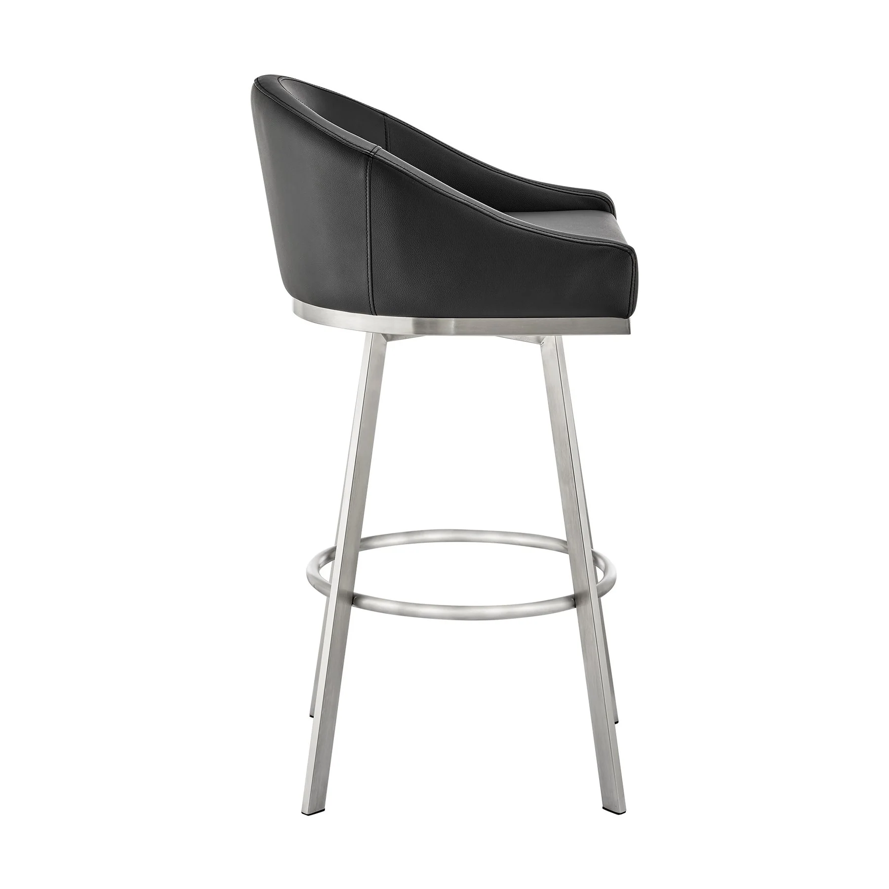 Eleanor 26" Swivel Counter Stool in Brushed Stainless Steel and Black Faux Leather - Image 3