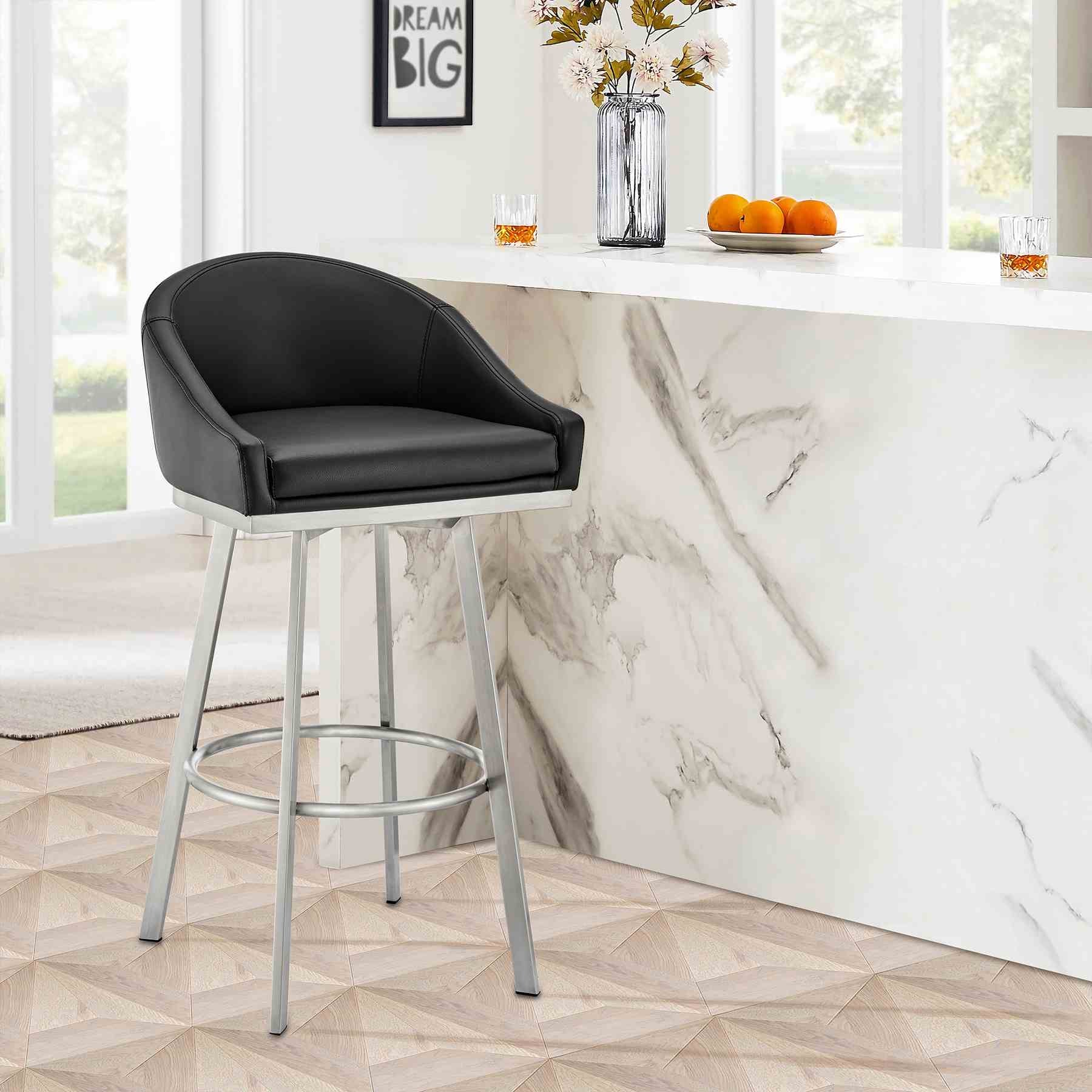 Eleanor 30" Swivel Bar Stool in Brushed Stainless Steel with Black Faux Leather - Image 10