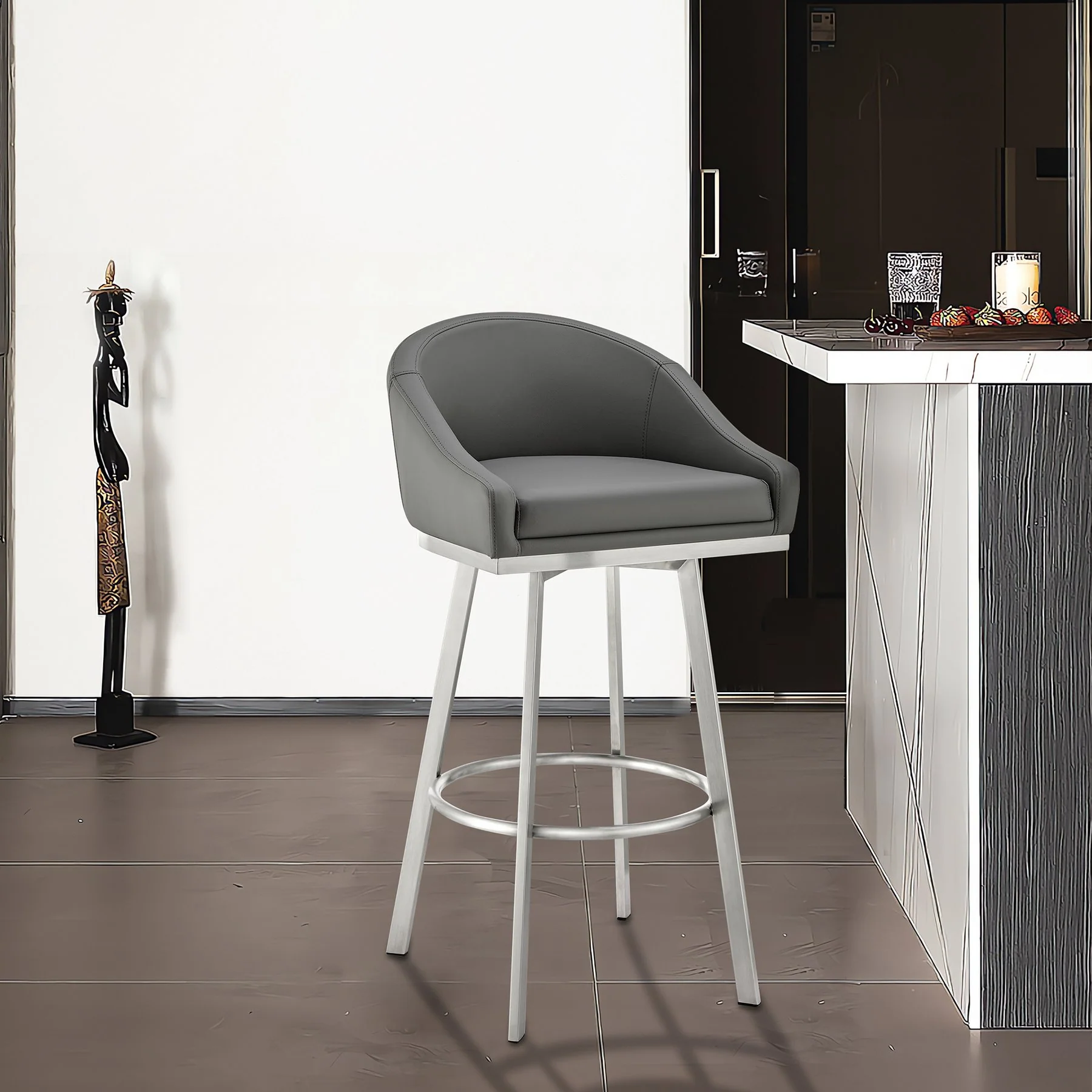 Eleanor 30" Swivel Bar Stool in Brushed Stainless Steel with Gray Faux Leather - Image 10