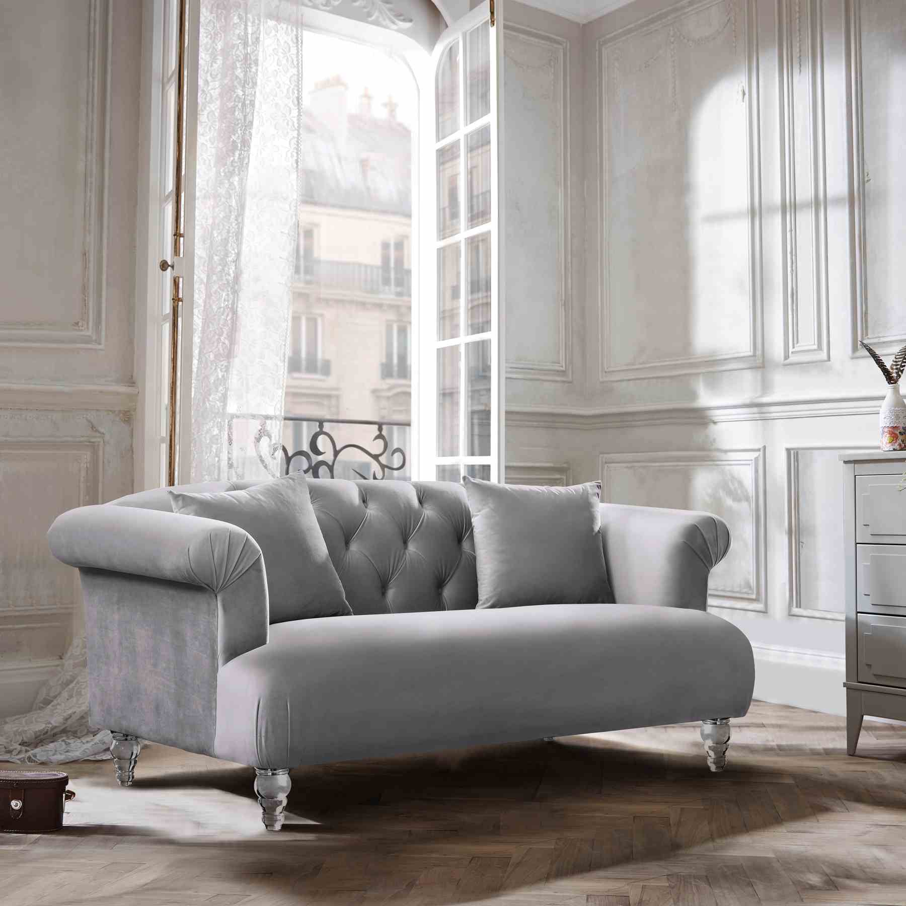 Elegance Contemporary Loveseat in Gray Velvet with Acrylic Legs - Image 3