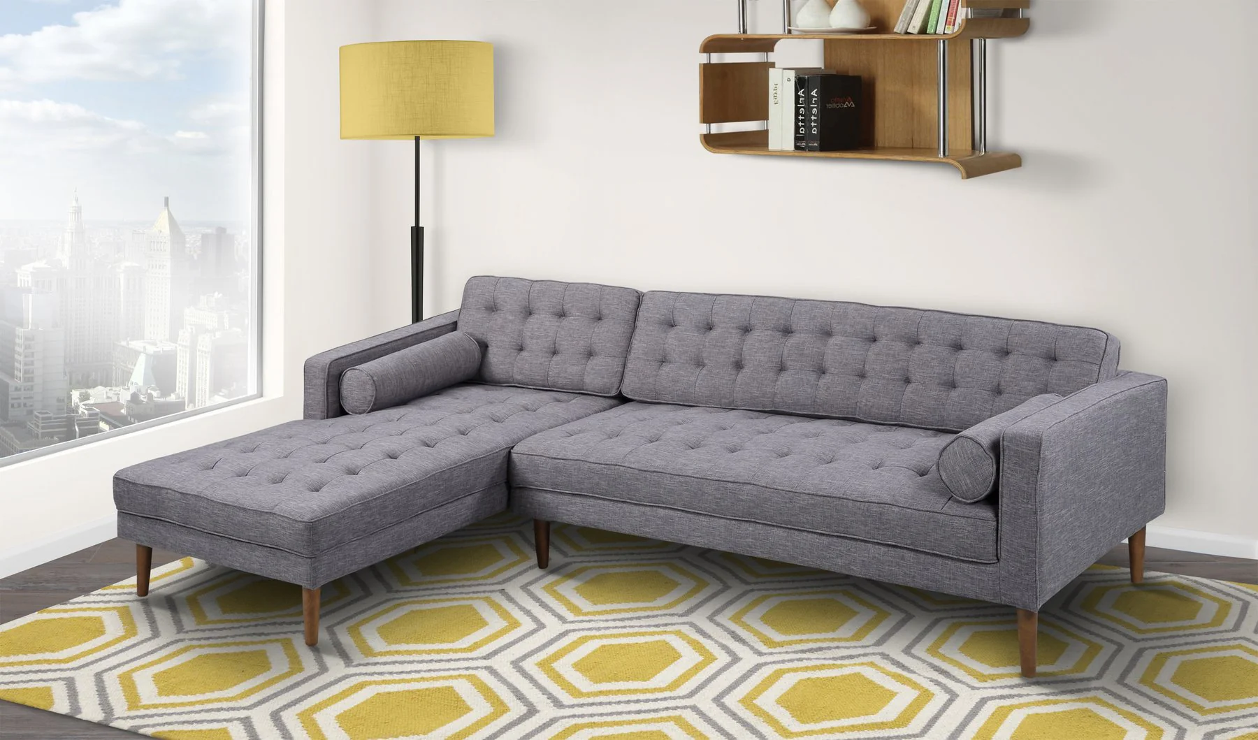 Element Left-Side Chaise Sectional in Dark Gray Linen and Walnut Legs - Image 2