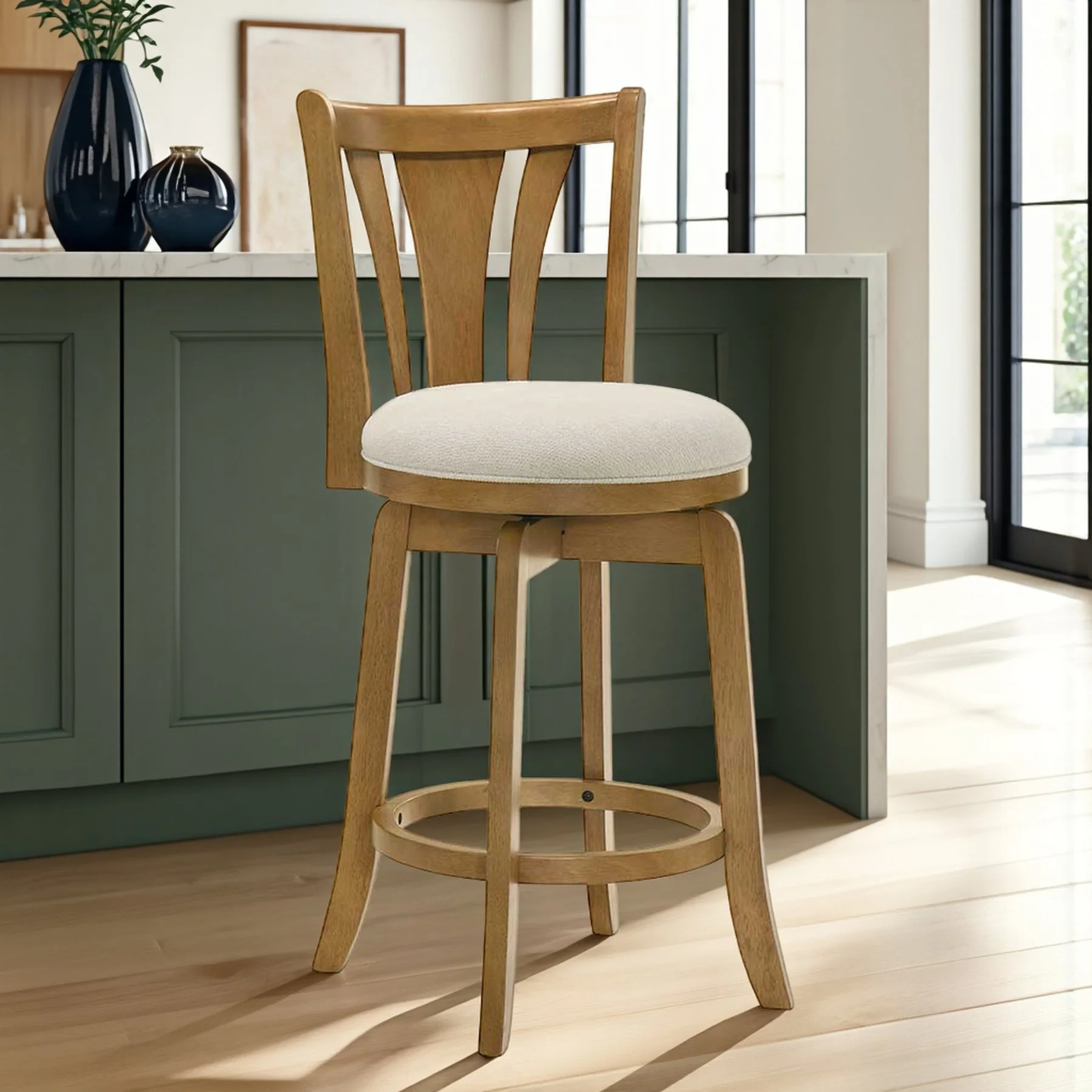 Elle 26 in. Amber Glow Counter Height Rubberwood Swivel Barstool with Ivory Fabric Seat - Image 10