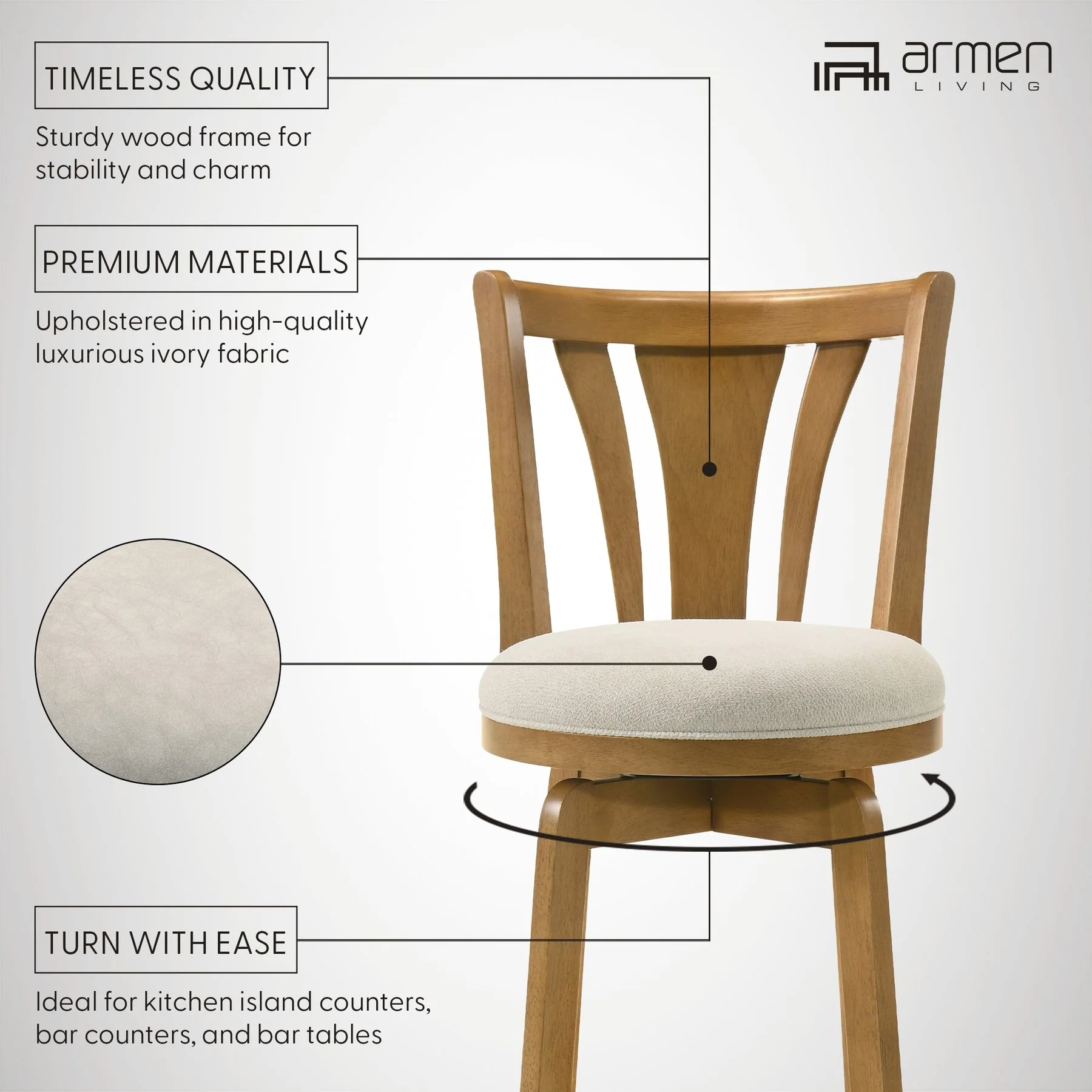 Elle 26 in. Amber Glow Counter Height Rubberwood Swivel Barstool with Ivory Fabric Seat - Image 12