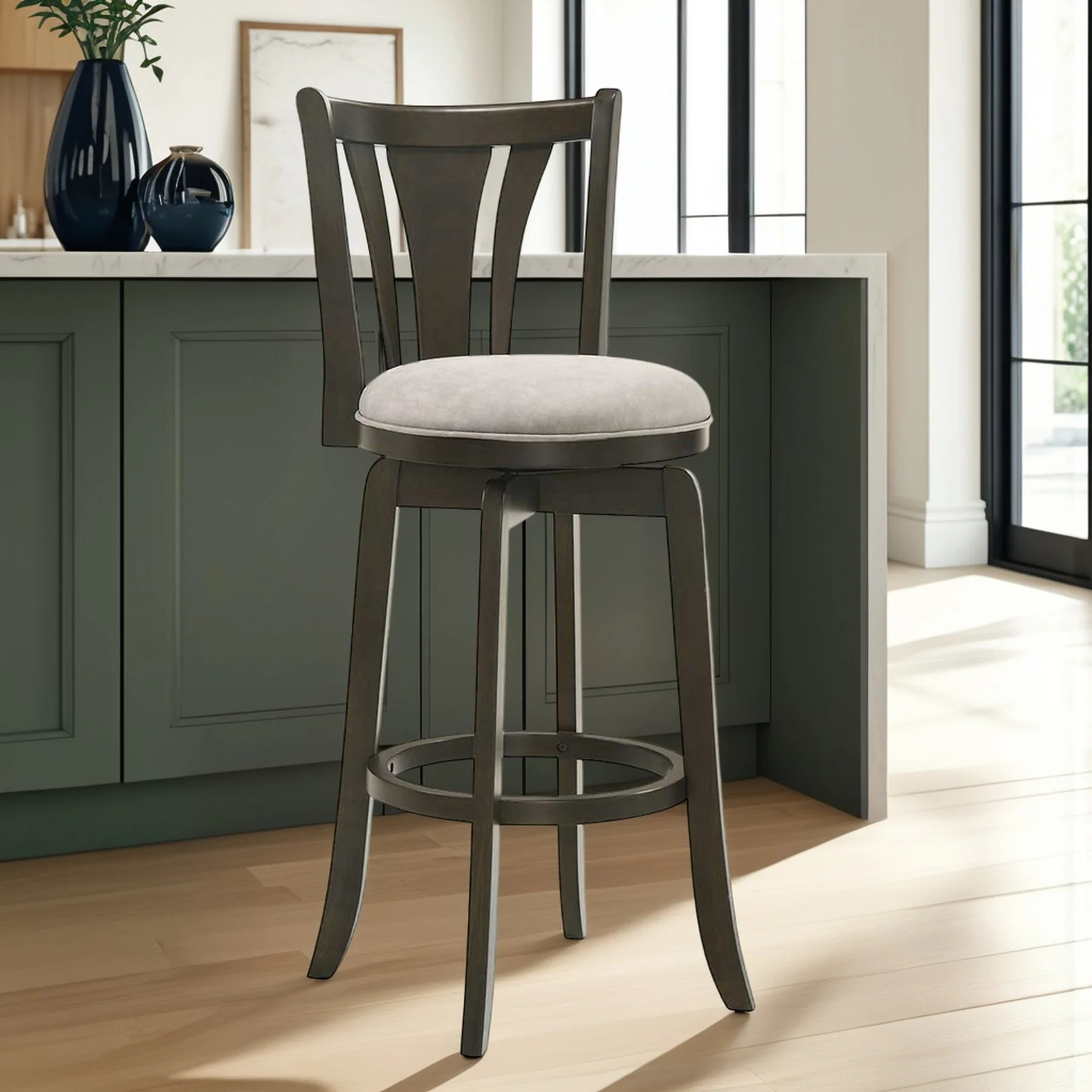 Elle 26 in. Dark Roast Counter Height Rubberwood Swivel Barstool with Grey Fabric Seat - Image 10