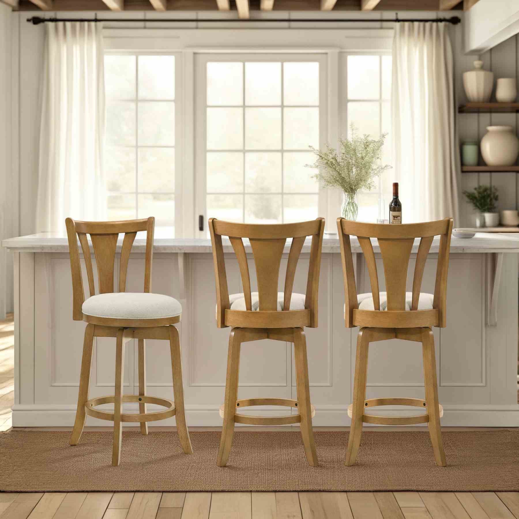 Elle 30 in. Amber Glow Bar Height Rubberwood Swivel Barstool with Ivory Fabric Seat - Image 11