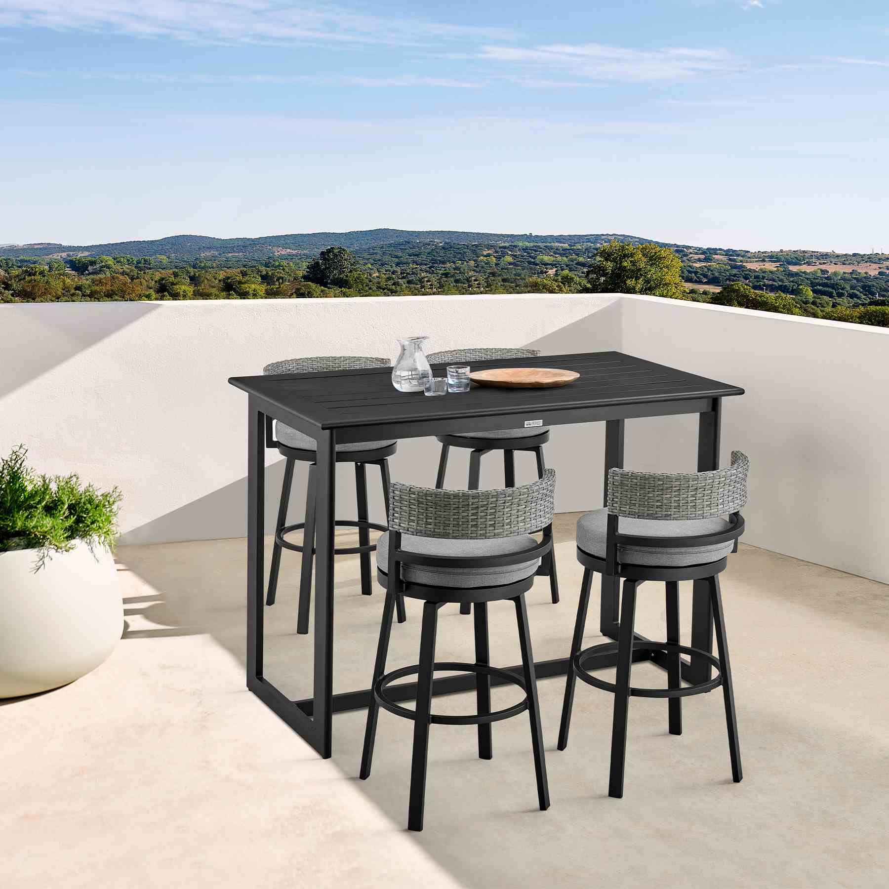 Encinitas Outdoor Patio 5-Piece Bar Table Set in Aluminum with Gray Cushions - Image 11