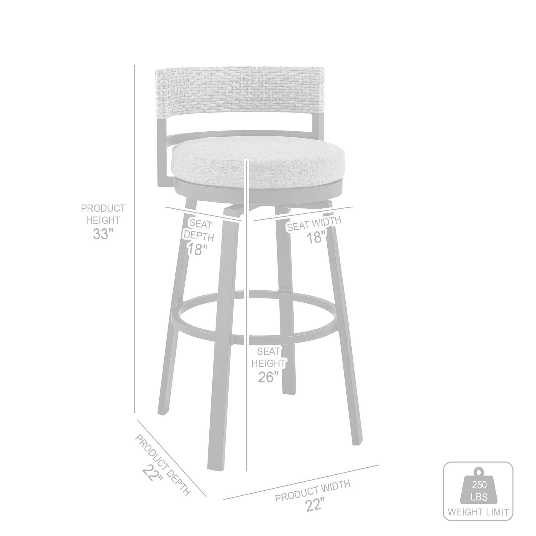Encinitas Outdoor Patio Counter Height Swivel Bar Stool in Aluminum and Wicker with Gray Cushions - Image 10