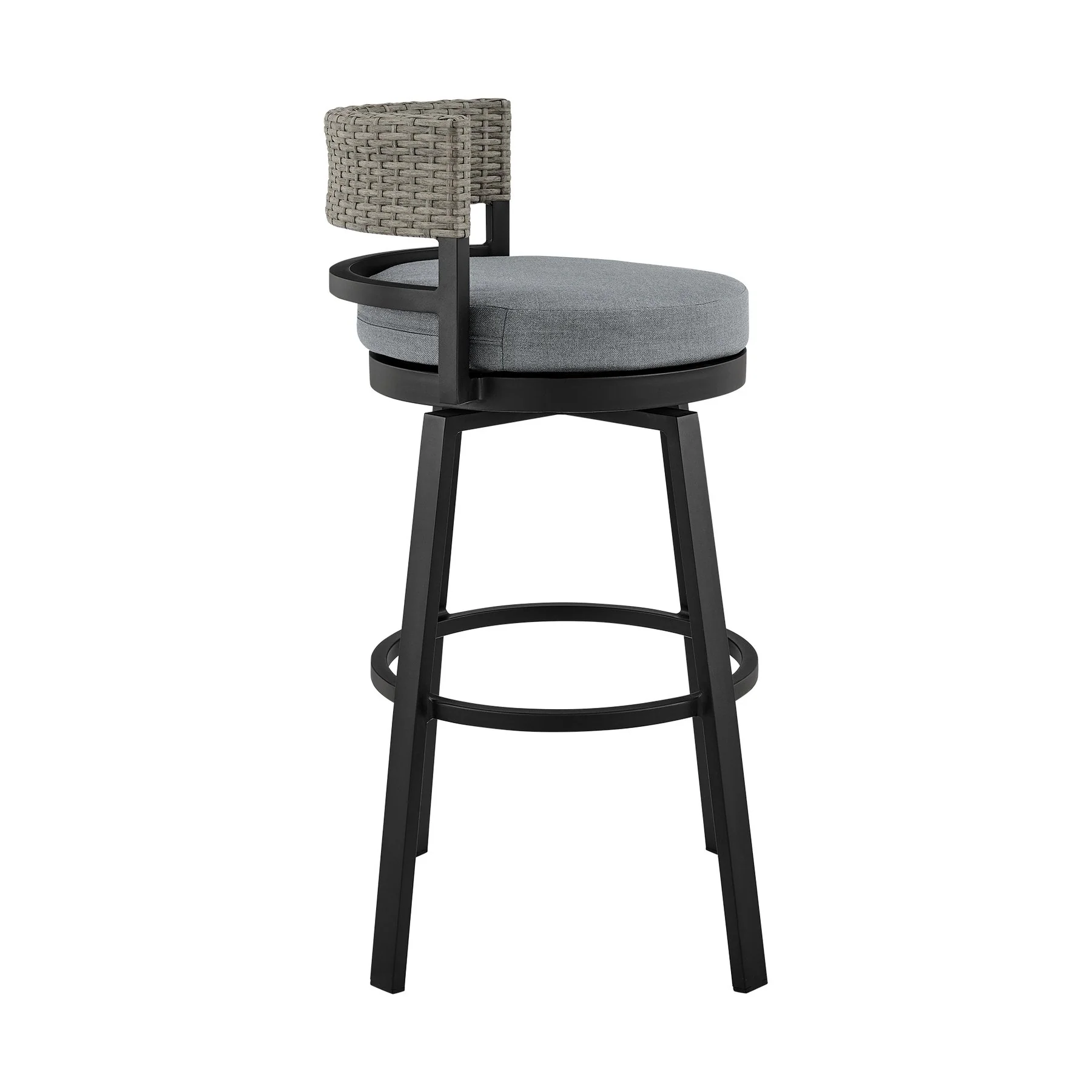 Encinitas Outdoor Patio Counter Height Swivel Bar Stool in Aluminum and Wicker with Gray Cushions - Image 3