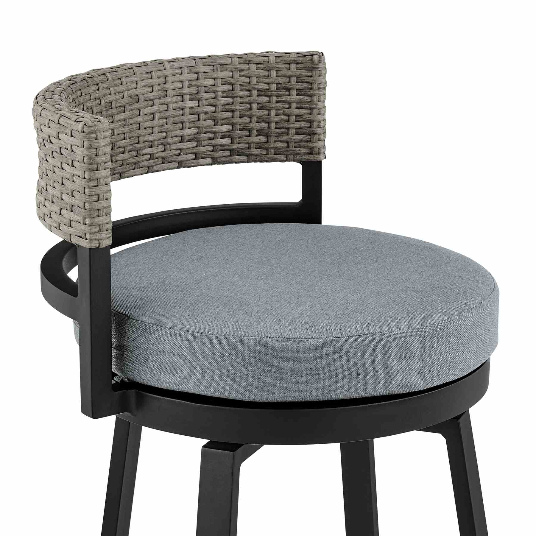 Encinitas Outdoor Patio Counter Height Swivel Bar Stool in Aluminum and Wicker with Gray Cushions - Image 6