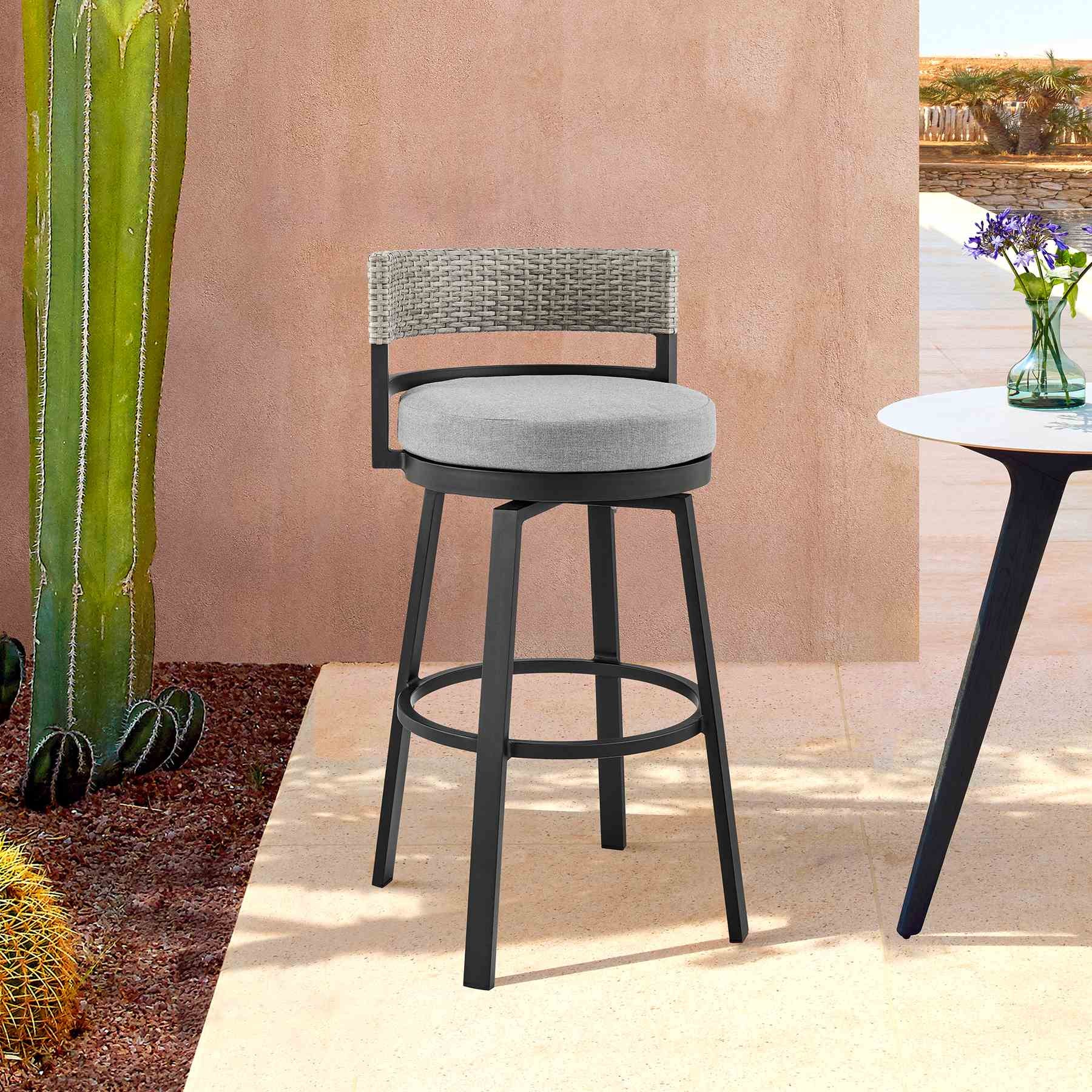 Encinitas Outdoor Patio Swivel Bar Stool in Aluminum and Wicker with Gray Cushions - Image 11