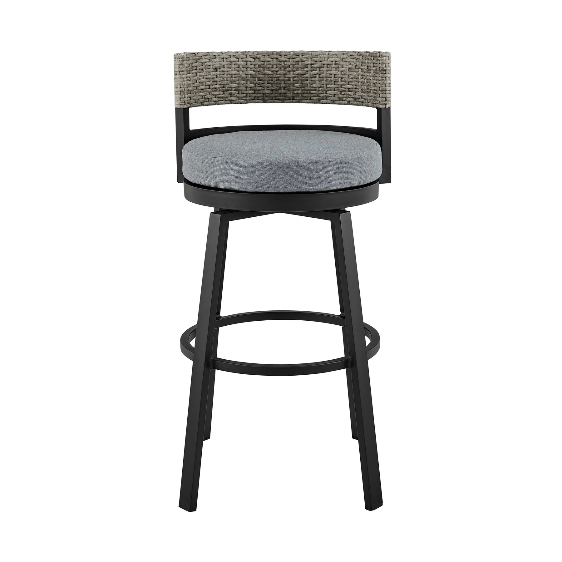 Encinitas Outdoor Patio Swivel Bar Stool in Aluminum and Wicker with Gray Cushions - Image 2