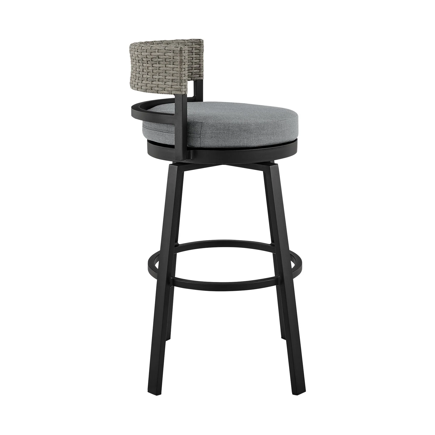 Encinitas Outdoor Patio Swivel Bar Stool in Aluminum and Wicker with Gray Cushions - Image 3