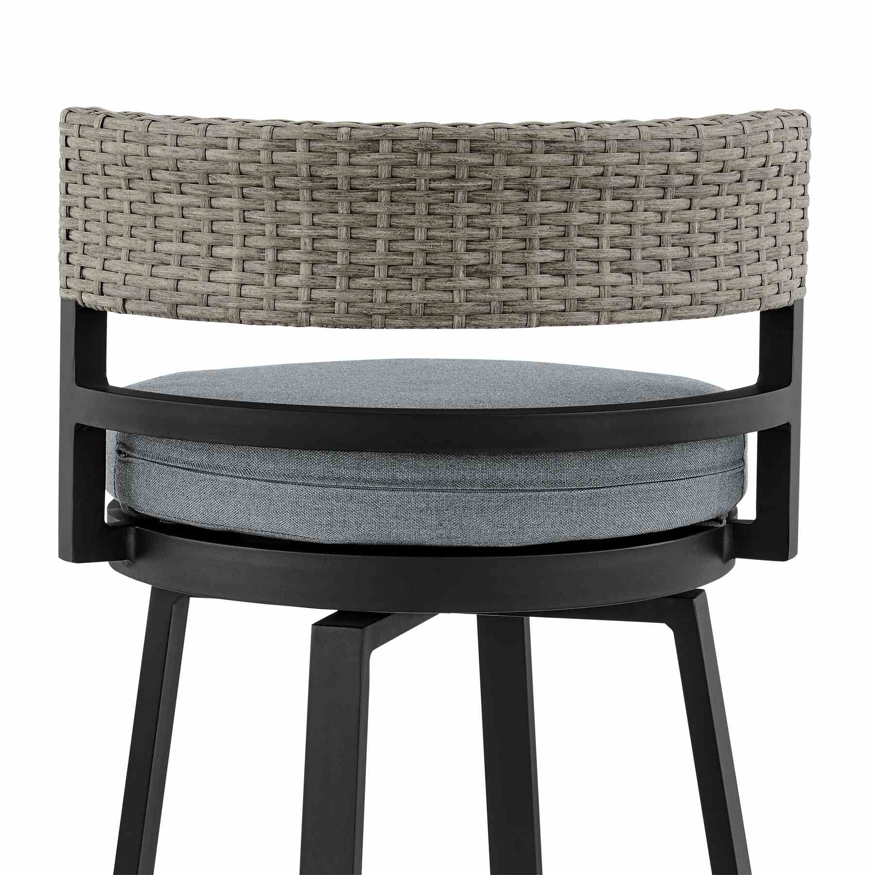 Encinitas Outdoor Patio Swivel Bar Stool in Aluminum and Wicker with Gray Cushions - Image 7