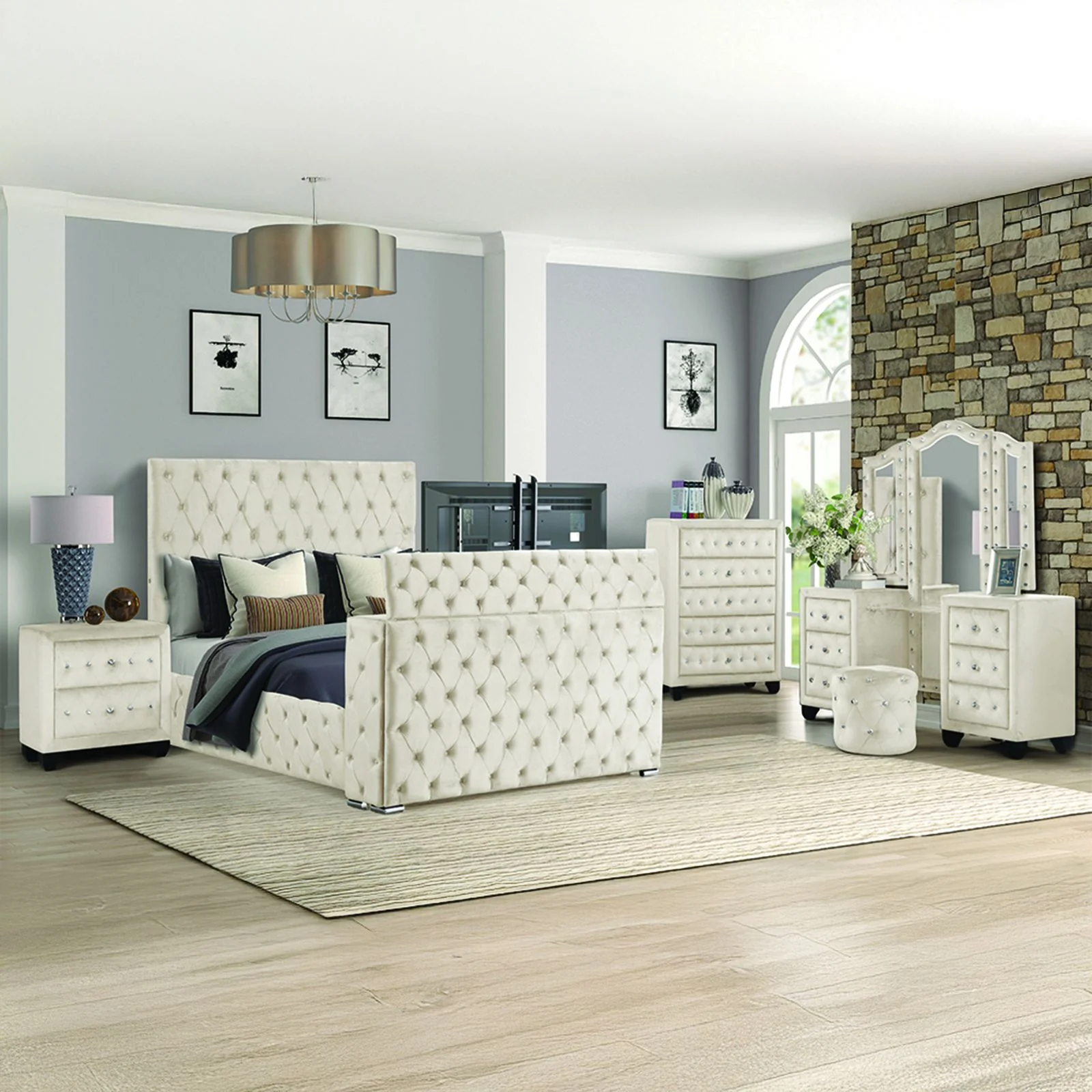 Encore King 5PC Vanity Bedroom Set Beige - Image 20